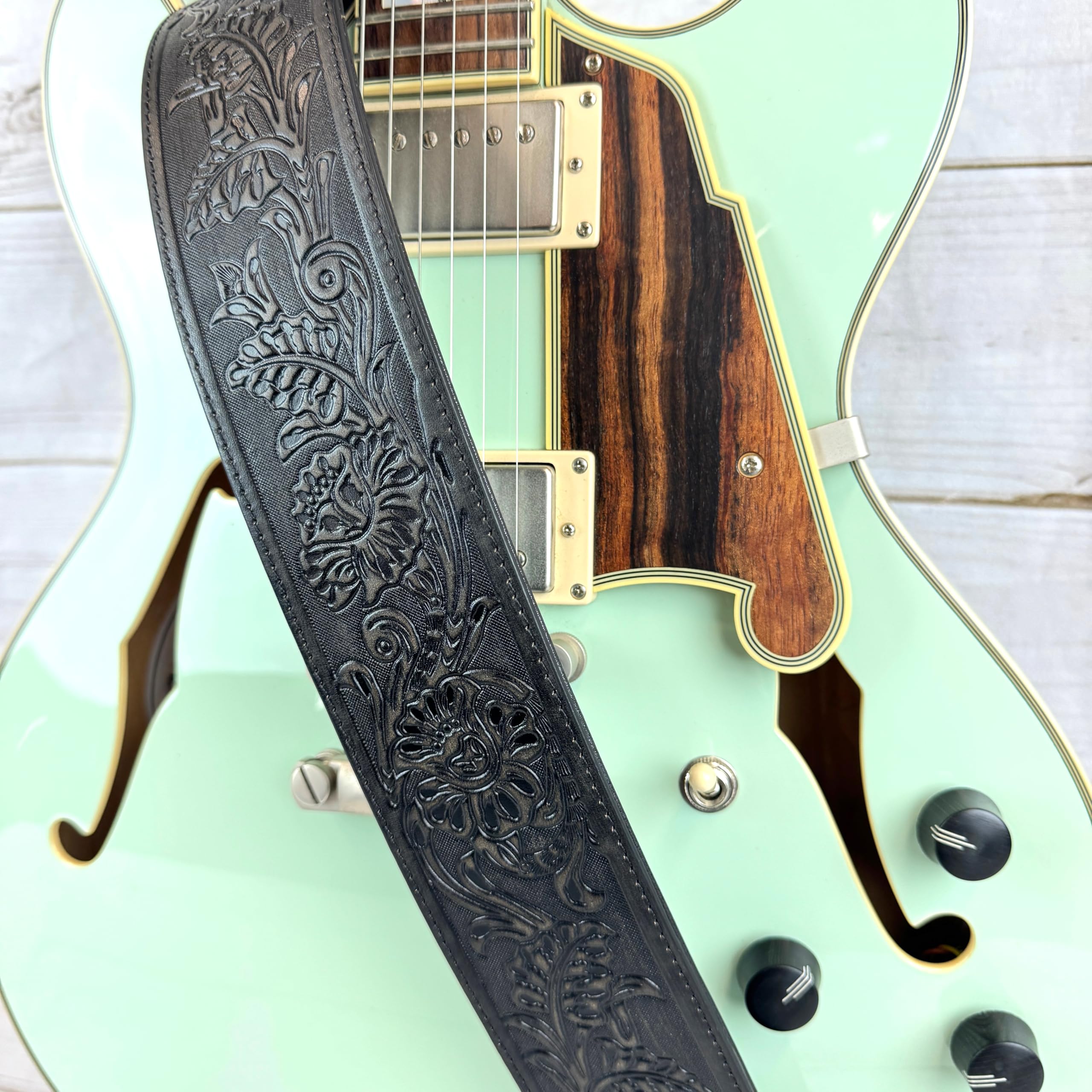 Walker & Williams LIF-02 Distressed Black Handmade Leather Padded Guitar Strap with Western Sheridan Tooling For Acoustic, Elect