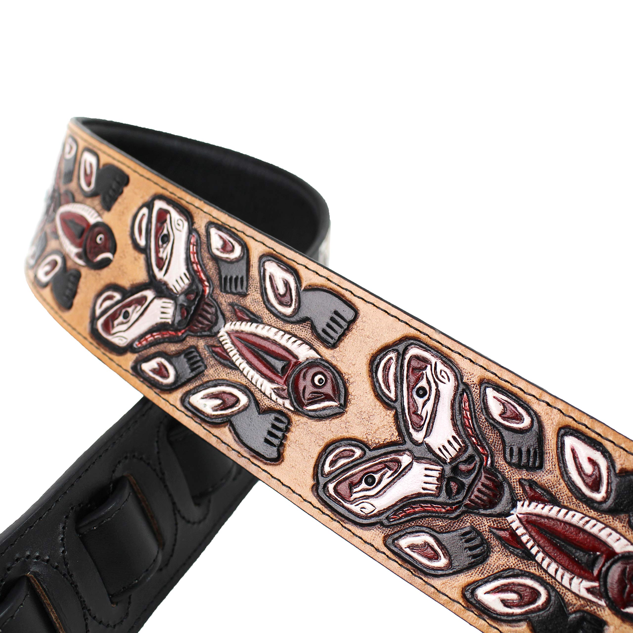 Walker And Williams LHR-23 Handmade Black Premium Carved Leather Guitar Strap With Bear Totem Carving For Acoustic, Electric, An