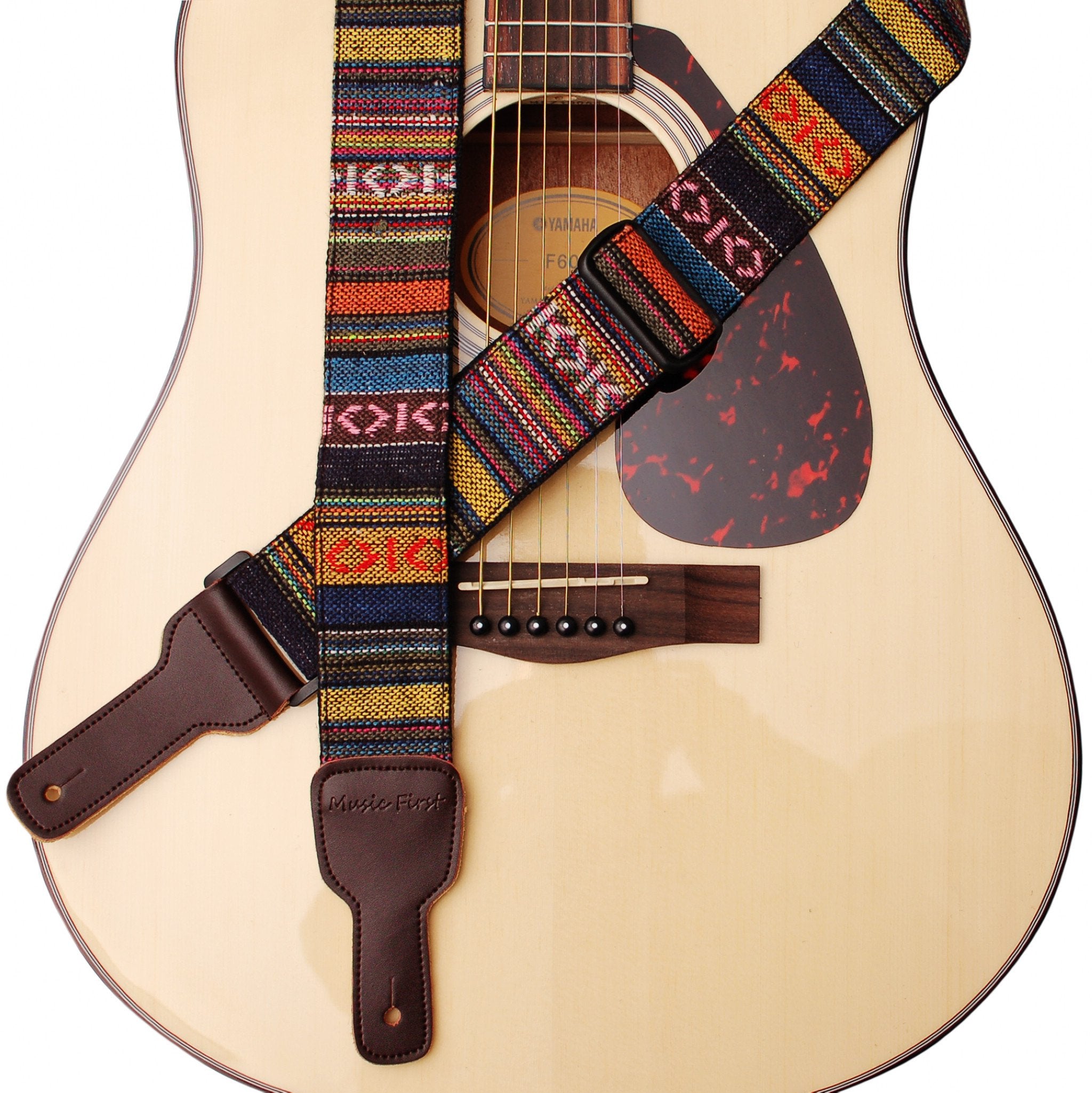 Music First Original Design, 2 Inch Width (5Cm), Classic Country Style Yarn-Dyed Fabric & Genuine Leather Guitar Strap Electric