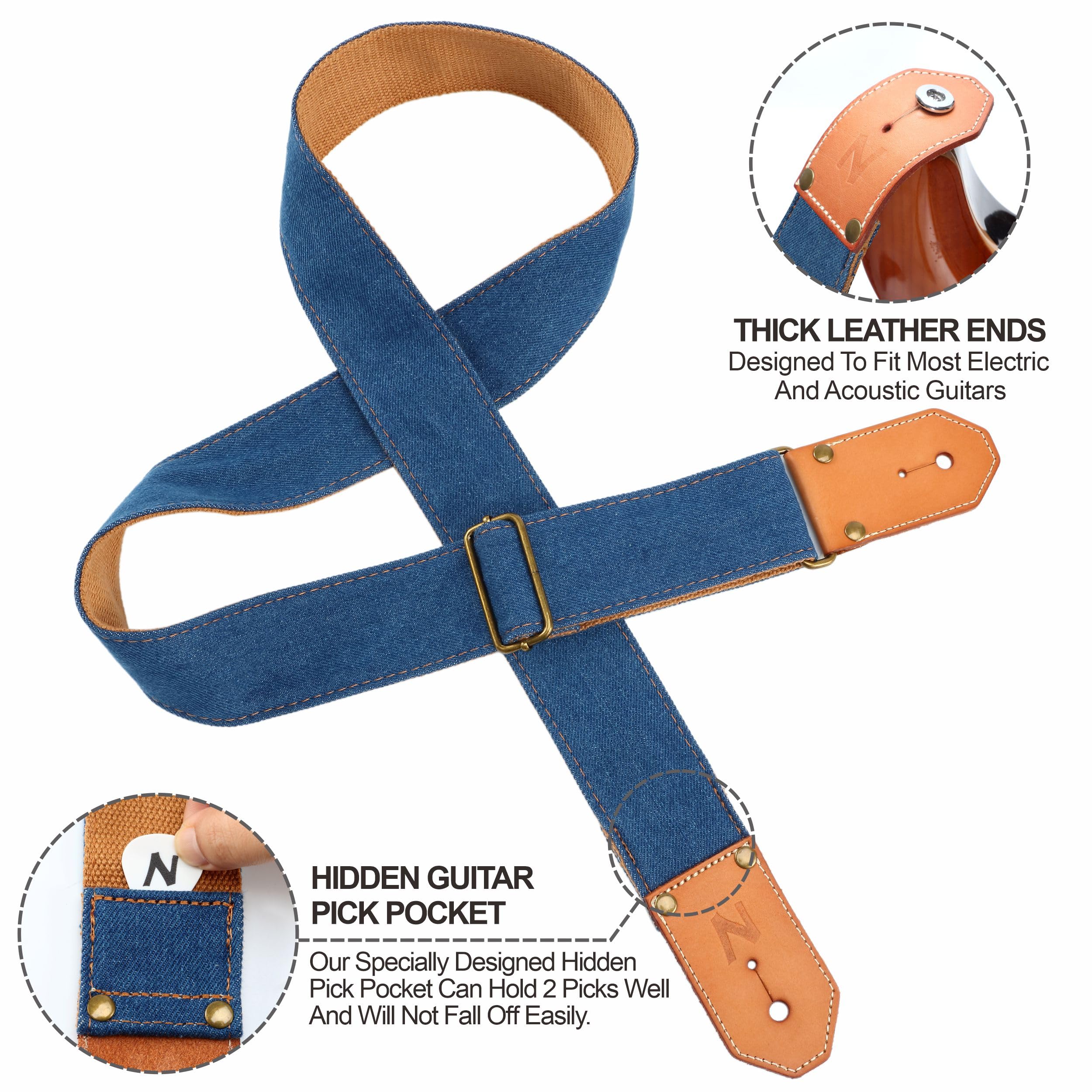Nefelibata Guitar Strap, Blue Denim Western Guitar Straps with Thicked First Layer Vegetable Tanned Cowhide Leather Ends for Aco