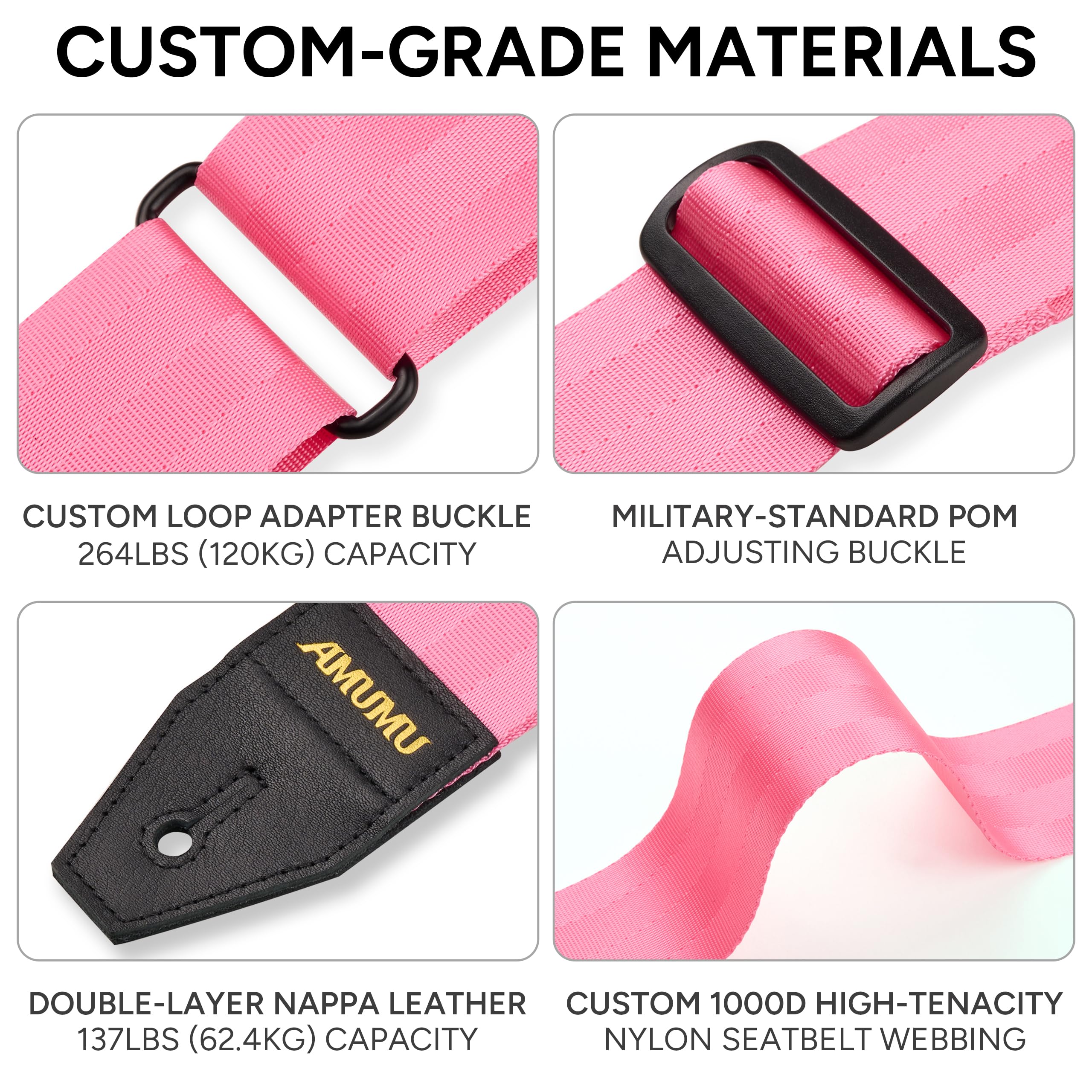 Amumu DURALINK Nylon Seatbelt Guitar Strap with Top Grain Leather Ends for Acoustic, Electric, Bass Guitar, with Quick-Fetch Pic