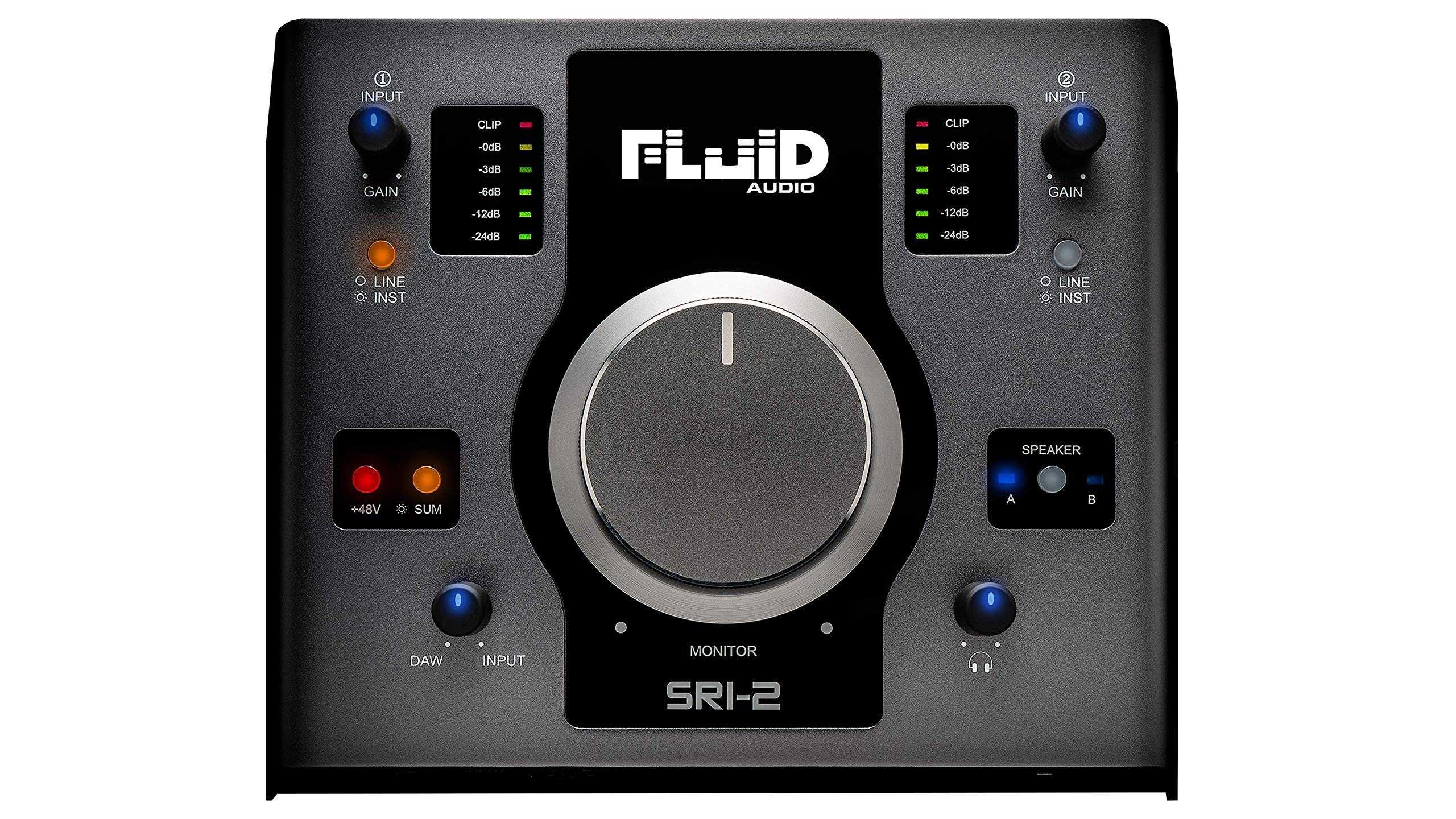 Fluid Audio SRI-2 : 2x2 USB desktop wedge w/24-bit/192kHz + 48v Phantom Power + 2X stereo monitor outputs + 2X Class A mic pres 