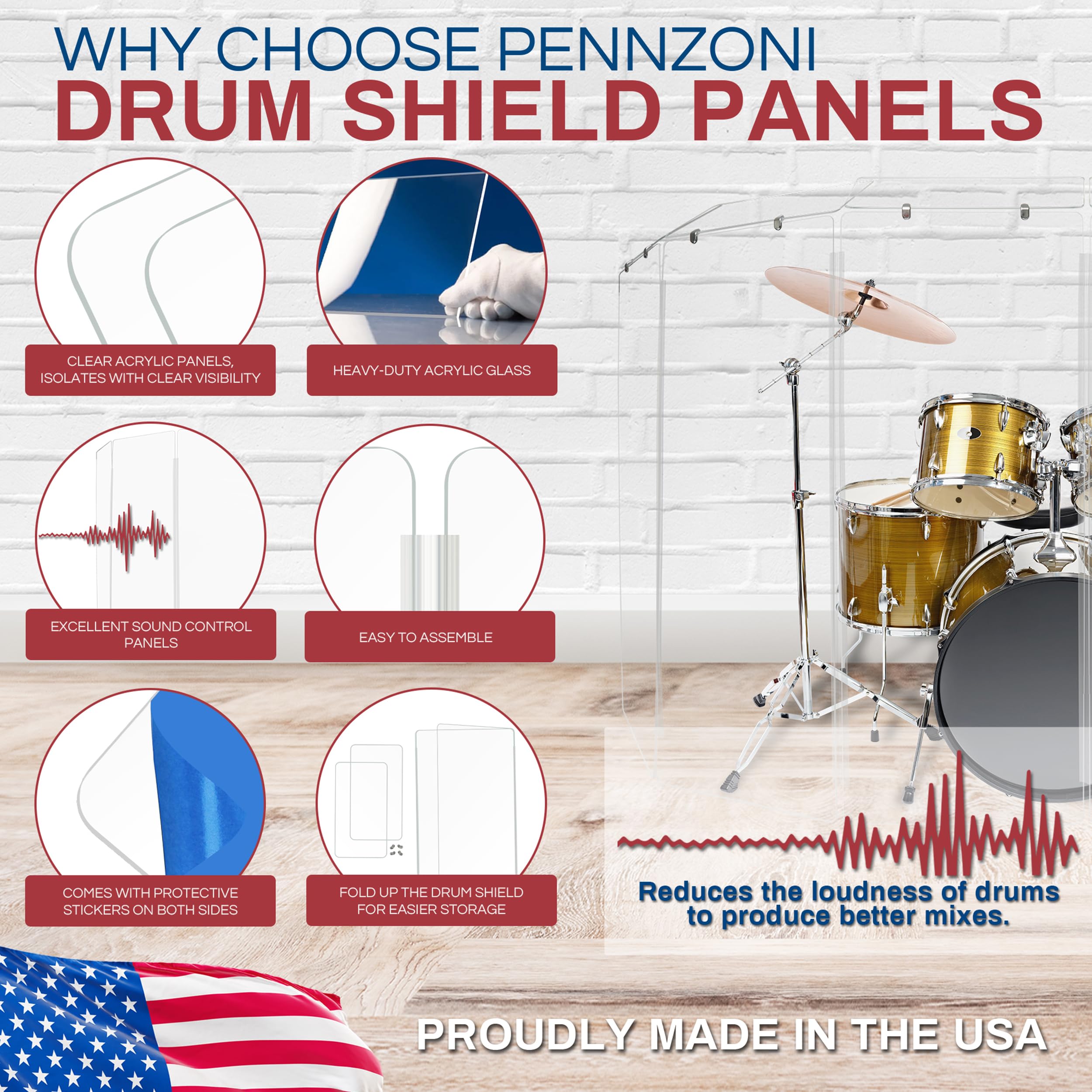 PENNZONI Drum Shield 5ft w/Deflectors & Plastic Hinges, Comes w/ 6 Drum Panels, Plastic Hinges & Deflector Connectors, Premium C