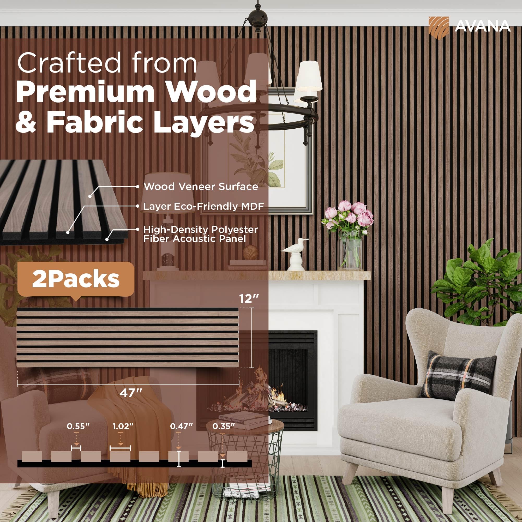 Avana Acoustic Wood Wall Panels - 47.2 X 12.6 Inch Walnut Acoustic Panels 2 PCs - Wall Panels For Interior Wall Decor for Homes,