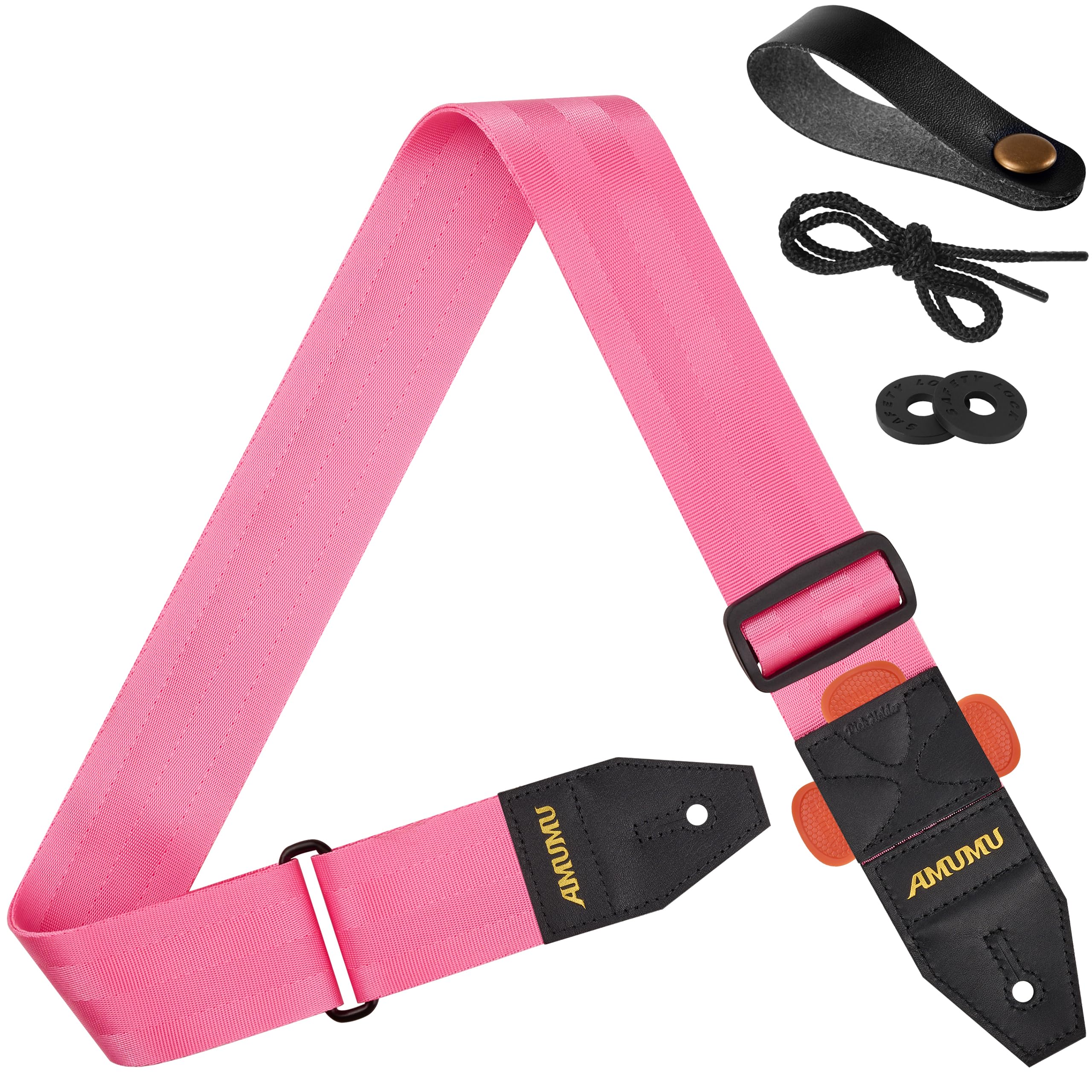 Amumu Duralink Nylon Seatbelt Guitar Strap With Top Grain Leather Ends For Acoustic, Electric, Bass Guitar, With Quick-Fetch Pic
