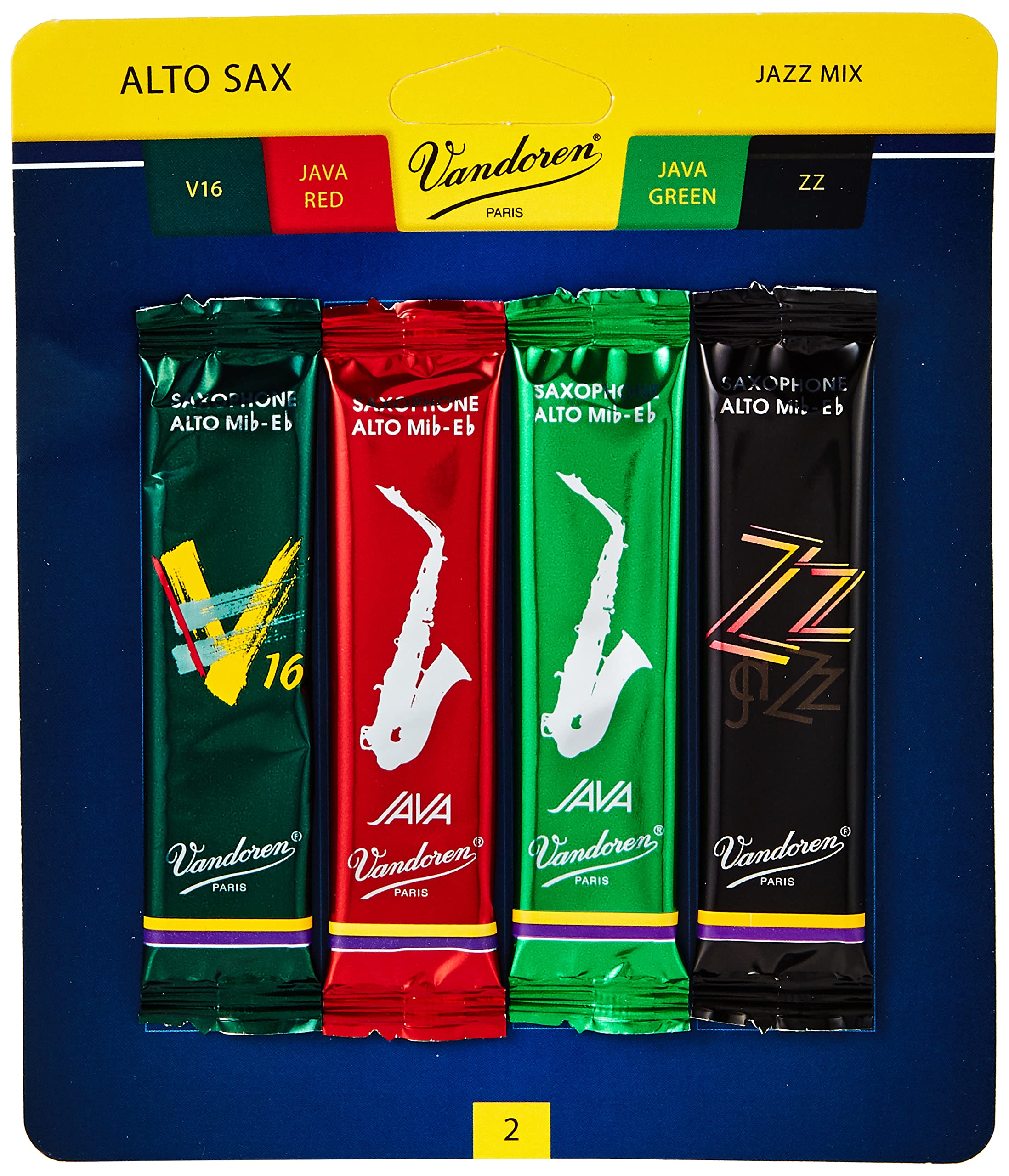Vandoren SRMIXA2 Alto Sax Jazz Reed Mix Card includes 1 each ZZ, V16, JAVA and JAVA Red Strength 2