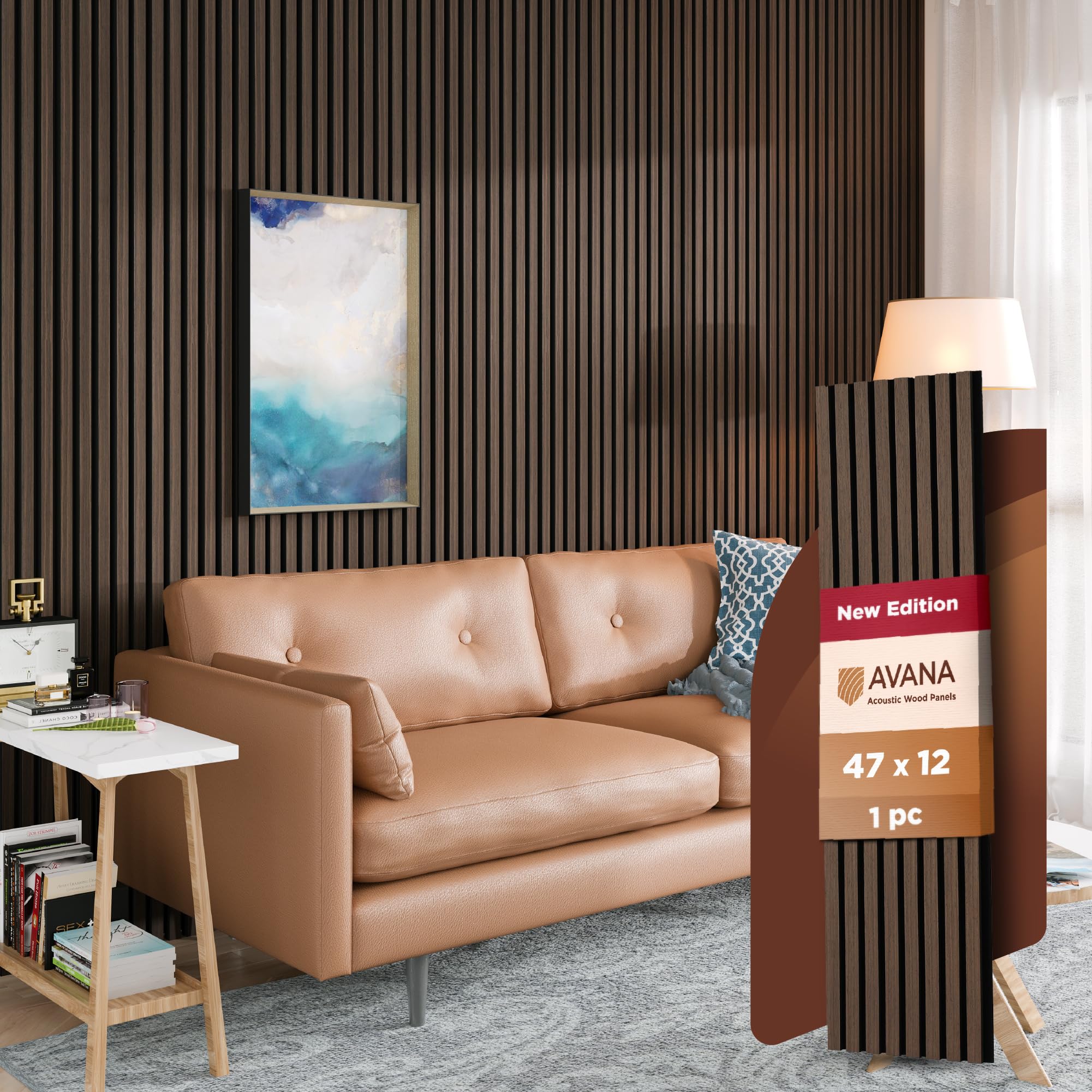 Avana Modern Acoustic Wood Wall Panels - 47.2X12.6 Inch Dark Walnut Acoustic Panels 1 Pc - Wall Panels For Interior Wall Decor F