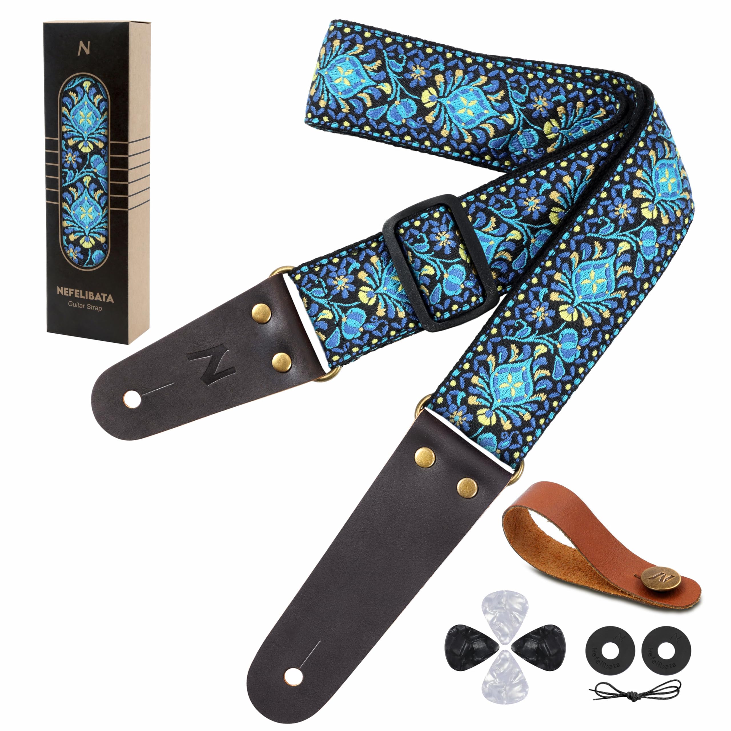 Nefelibata Guitar Strap, 2 Cotton Embroidery Guitar Straps, Full Grain Leather Ends with Invisible Pocket, for Bass, Electric an
