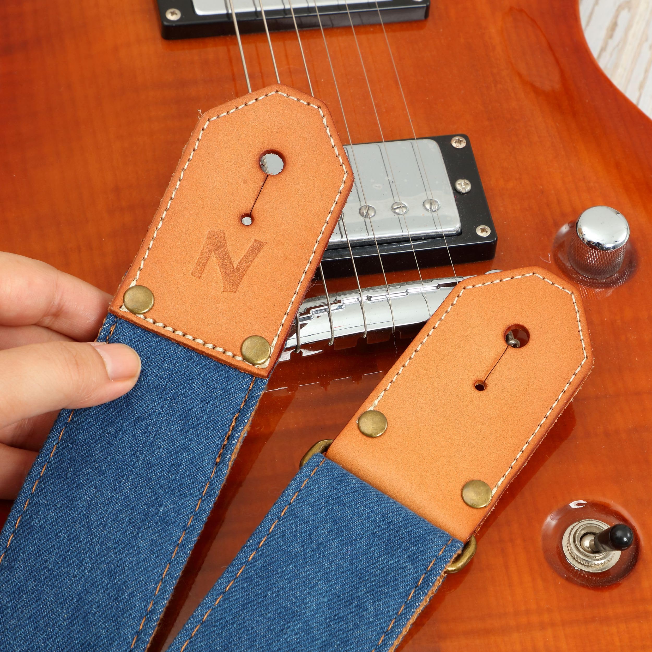 Nefelibata Guitar Strap, Blue Denim Western Guitar Straps with Thicked First Layer Vegetable Tanned Cowhide Leather Ends for Aco