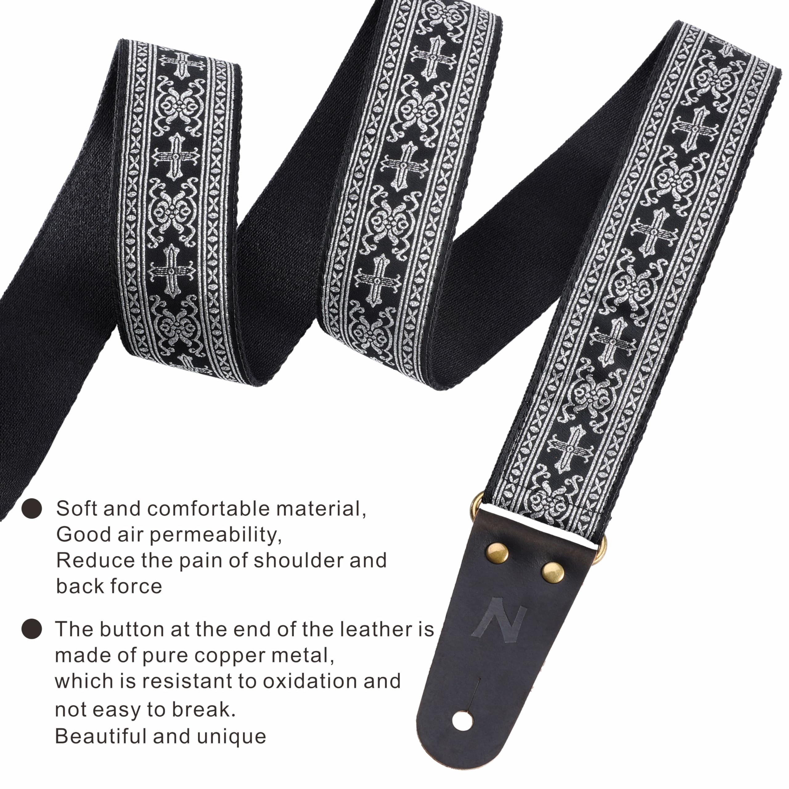 Nefelibata Guitar Strap, 2'' Cotton Embroidery Guitar Straps, Full Grain Leather Ends with Hidden Pocket, for Bass, Electric and