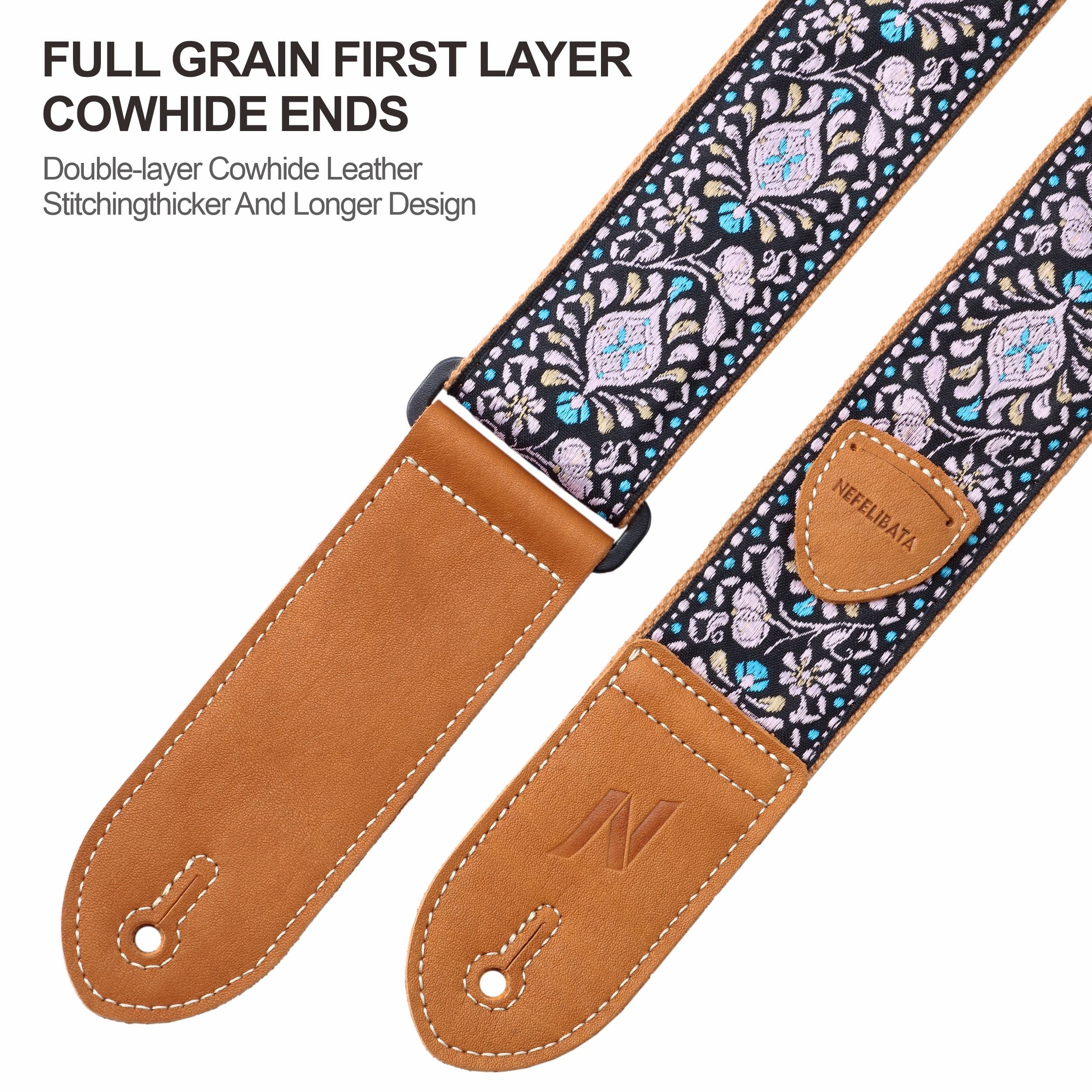 Nefelibata Guitar Strap,Double leather ends,Vintage Woven W/FREE BONUS-4 Picks+Strap Locks+Strap Button,Best Gift For Bass,Elect