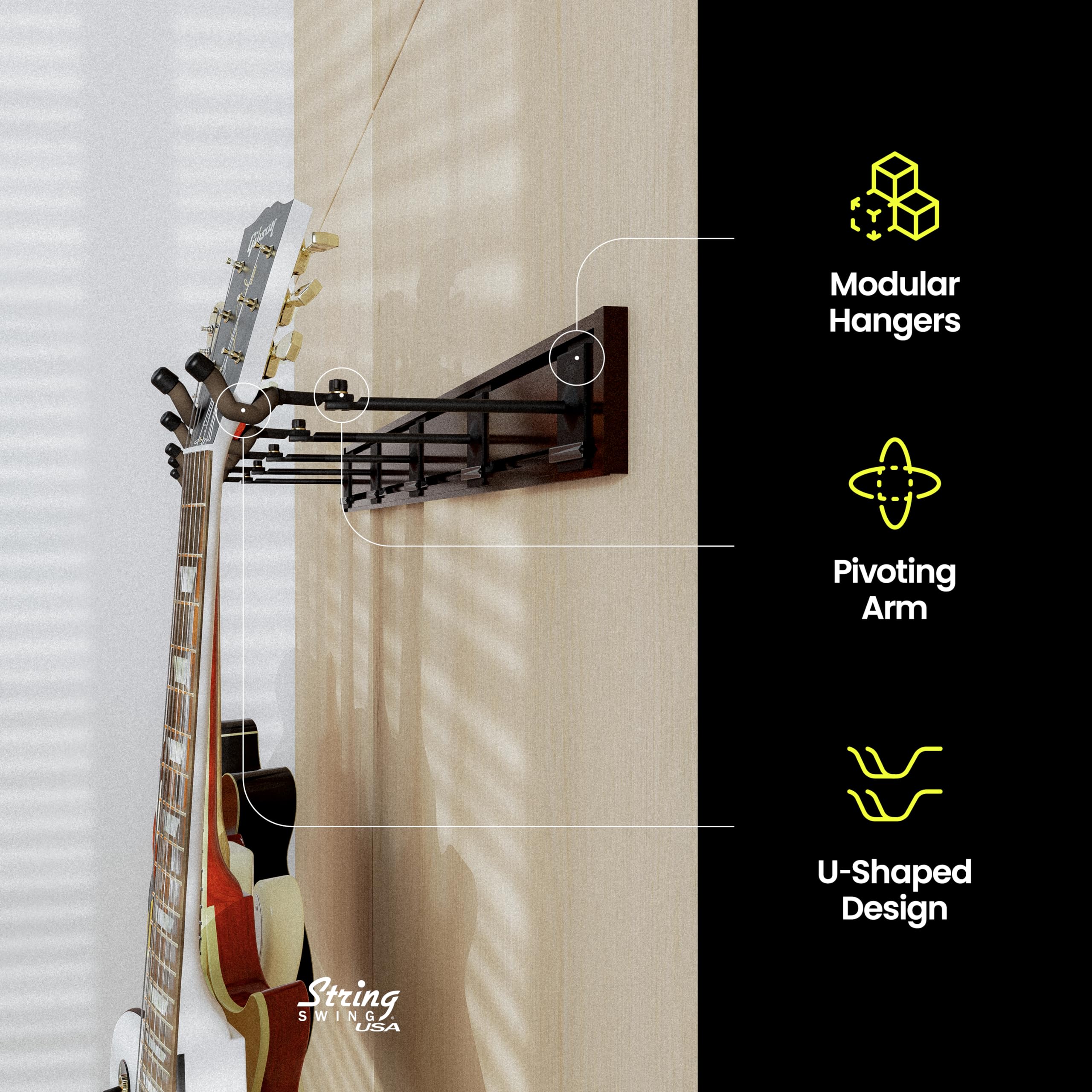 String Swing Guitar Wall Rack - Multiple Guitar Wall Mount - Guitar Organizer for Acoustic & Electric Guitars - 5 Padded Arm Han