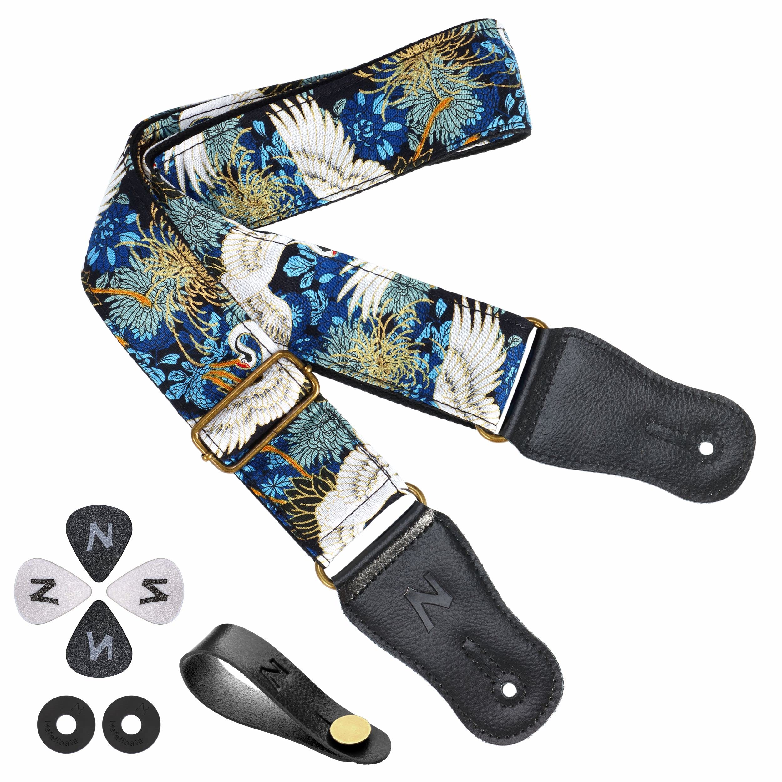 Nefelibata Japanese Cotton Guitar Strap For Acoustic Guitar, Ukulele, Free Headstock Strap Adapter With Buckle, Guitar Picks And