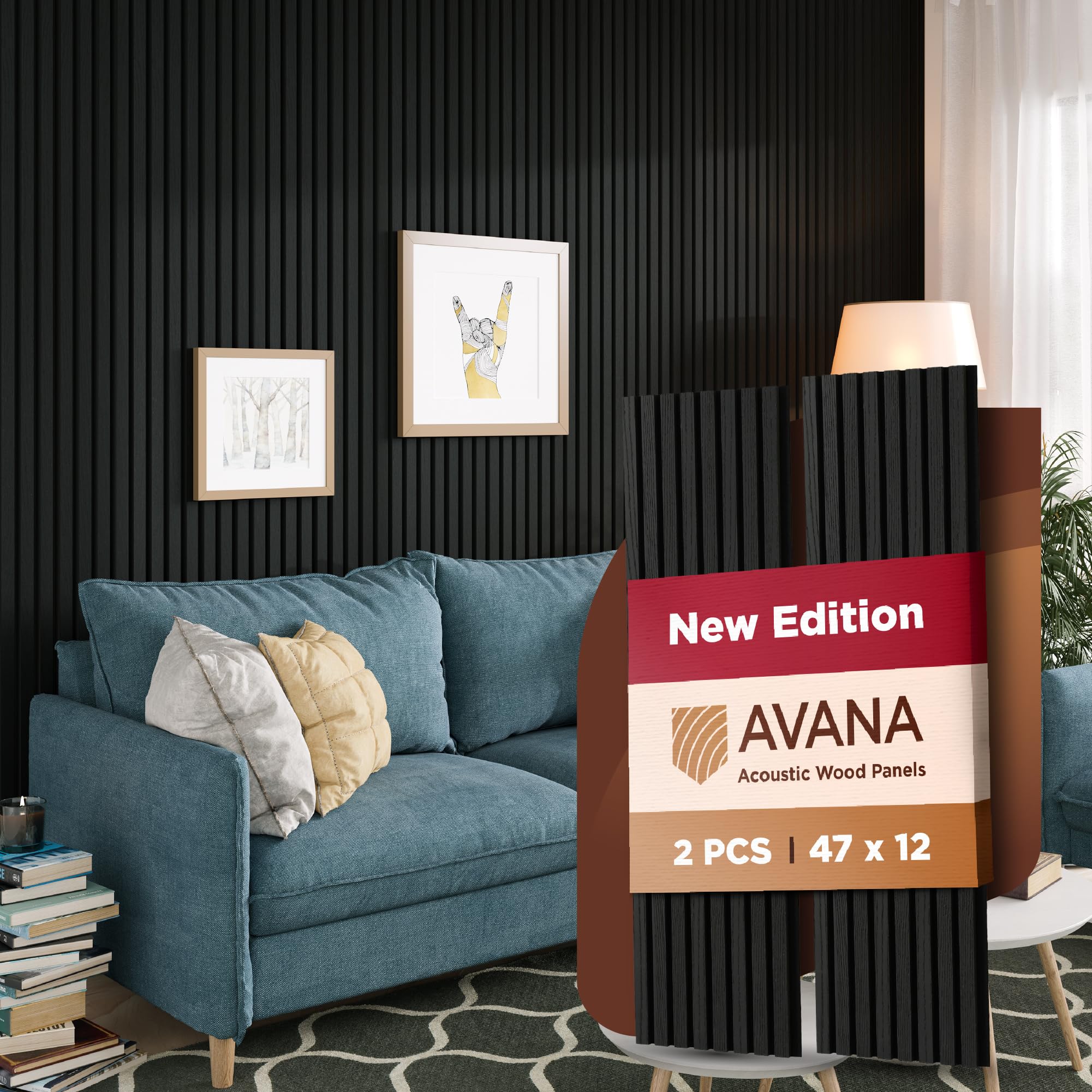 Avana Modern Acoustic Wood Wall Panels - 47.2 X 12.6 Inch Black Oak Acoustic 2 Pcs - Wall Panels For Interior Wall Decor For Hom