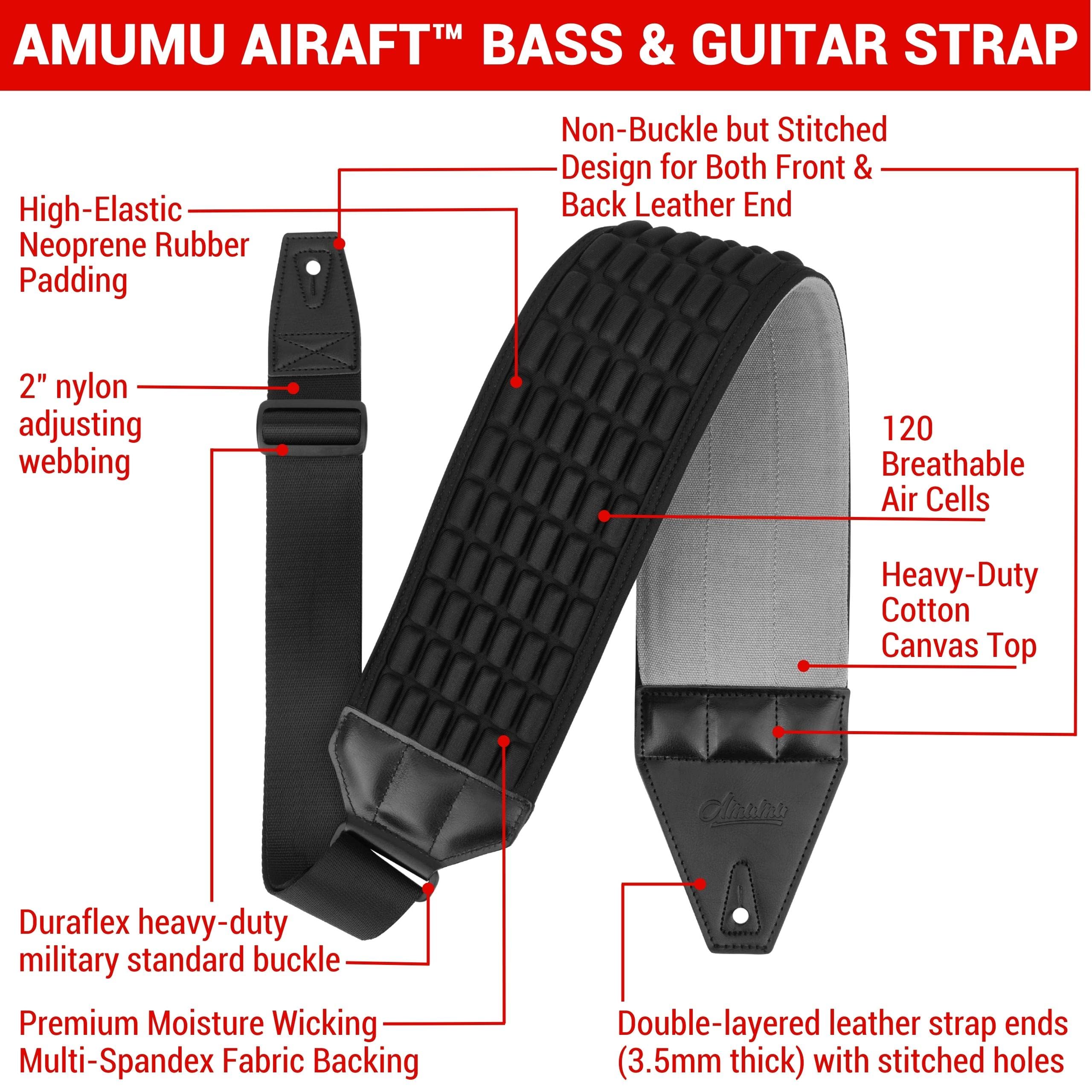 Amumu AIRAFT Bass & Guitar Strap 4'' Ultra Wide - 0.7'' Thick Breathable Convex 3D Air Cell Cushions - Neoprene Padding - Cotton