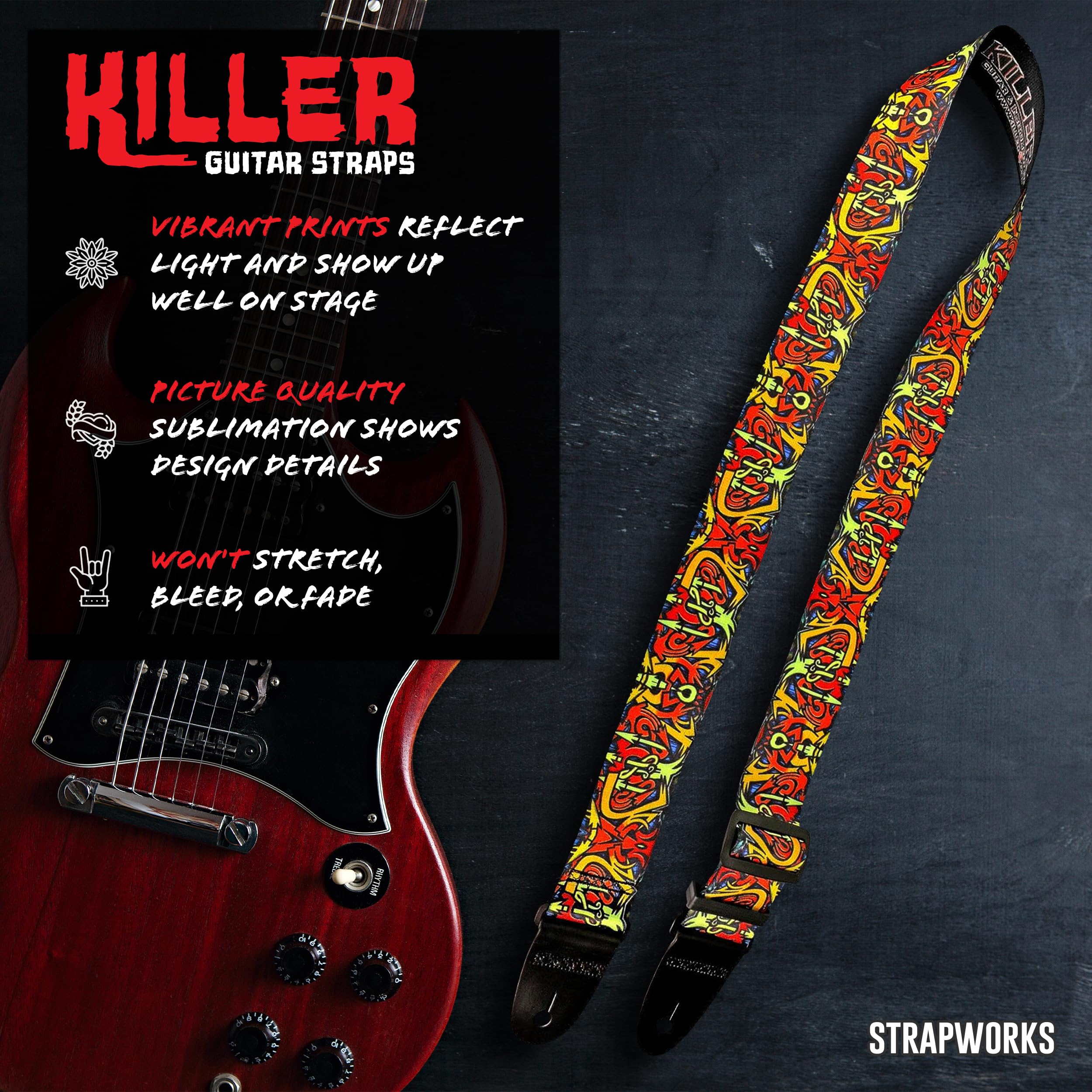 Killer-Q Guitar Strap - Stylish Straps for Electric and Acoustic Guitars With Leather Tabs, 2 Inches x 5 Feet, Graffiti Street