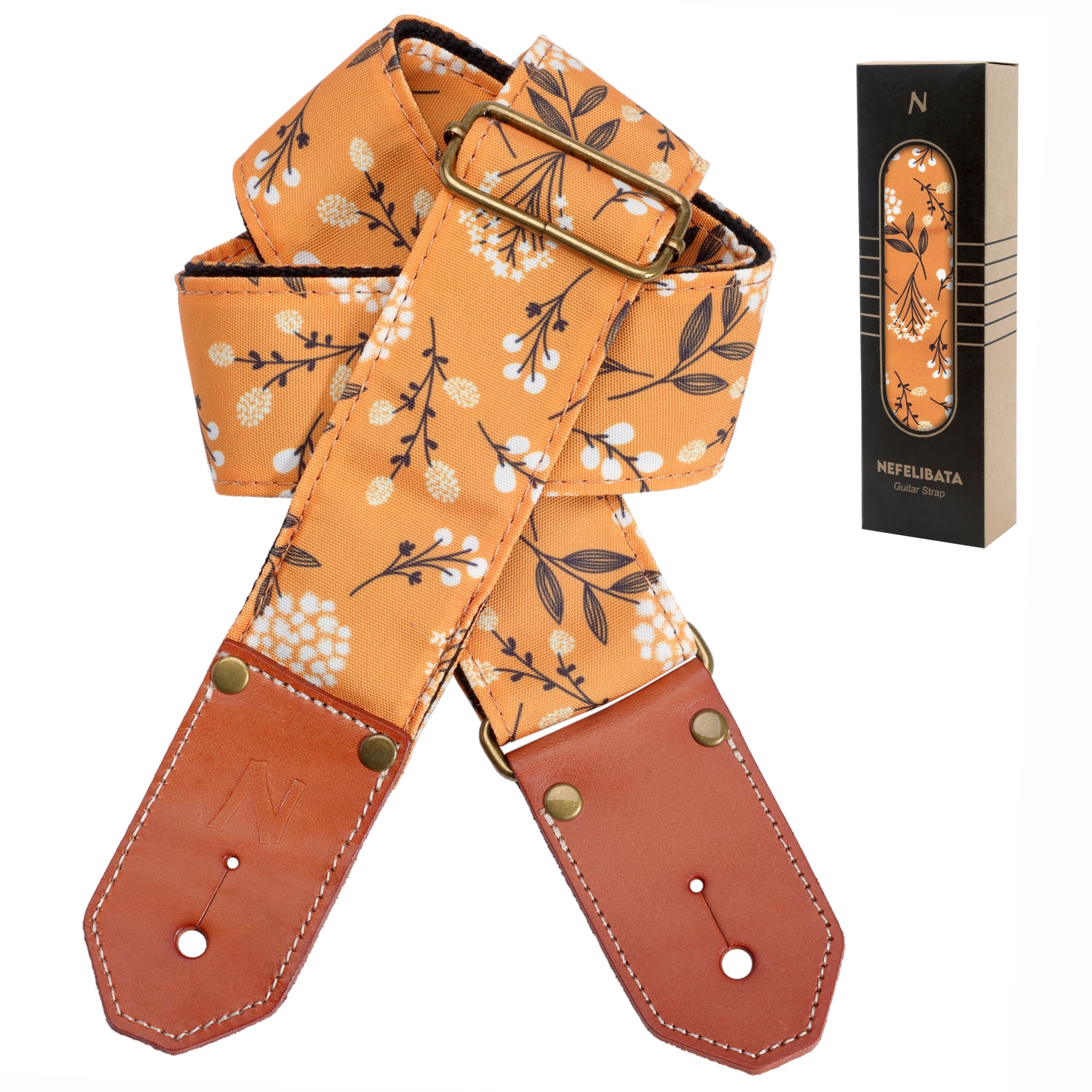Nefelibata Guitar Strap Cotton With Thicked First Layer Vegetable Tanned Cowhide Leather Ends For Acoustic, Bass, Electric Guita