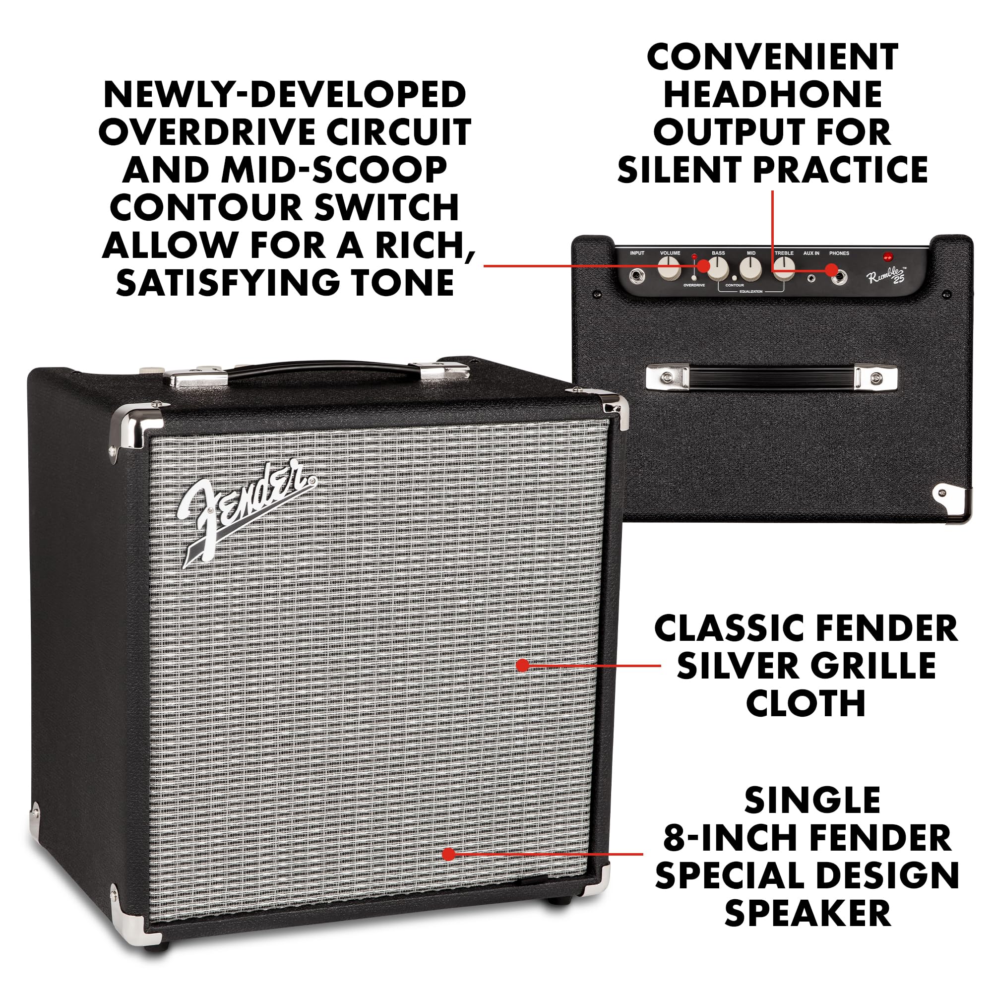 Fender Rumble 25 V3 Bass Amp for Bass Guitar, Bass Combo, 25 Watts, with 2-Year Warranty 8 Inch Speaker, with Overdrive Circuit