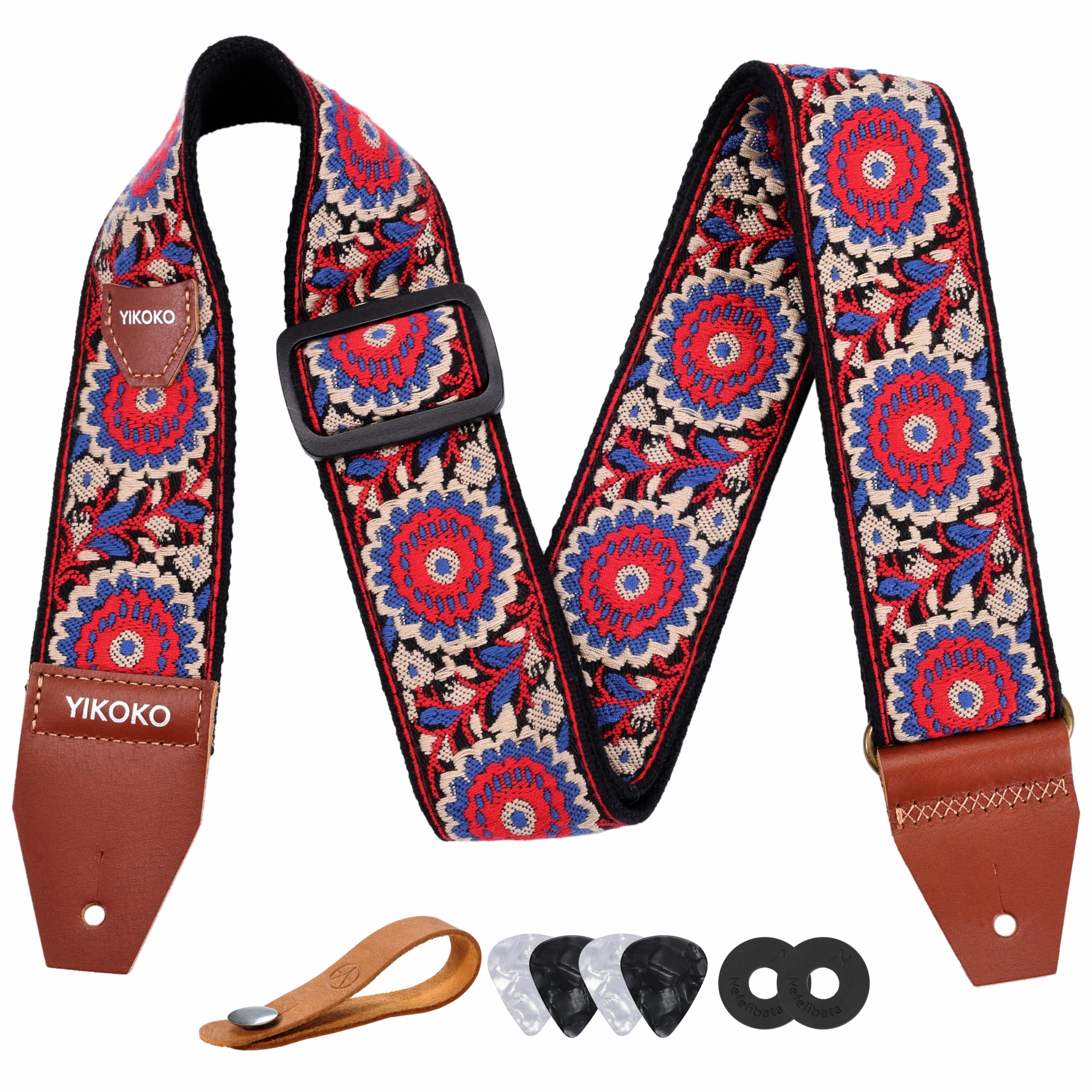 YIKOKO Guitar Strap,2 inch Embroidery Flower Cotton Guitar Straps with Full Grain Leather End, for Bass Electric and Acoustic Gu