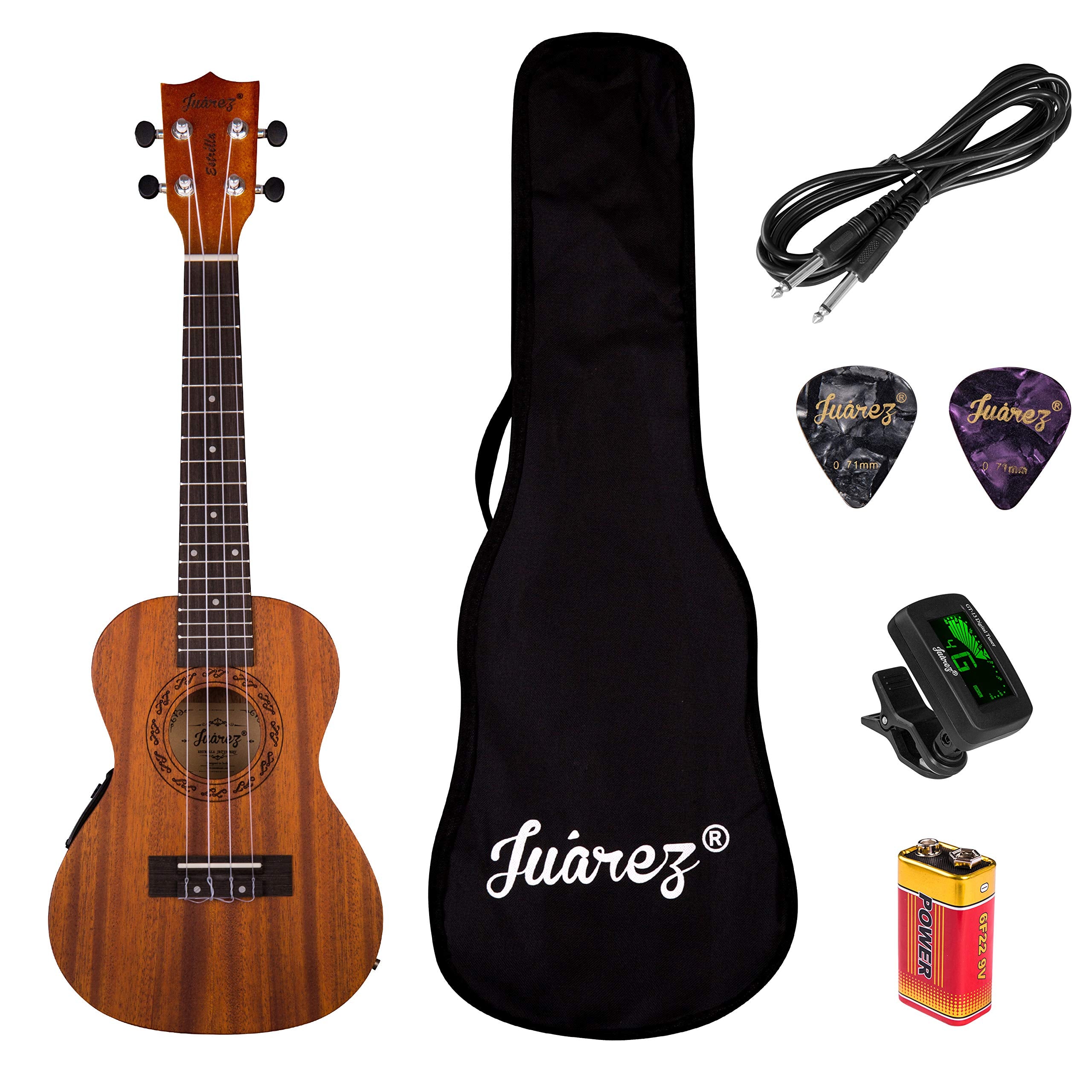 Juarez Estrlla 23 Concert Ukulele With Equalizer, Mahogany Top & Body, Aquila Italian Strings, Black Diecast Machine, Rosewood F