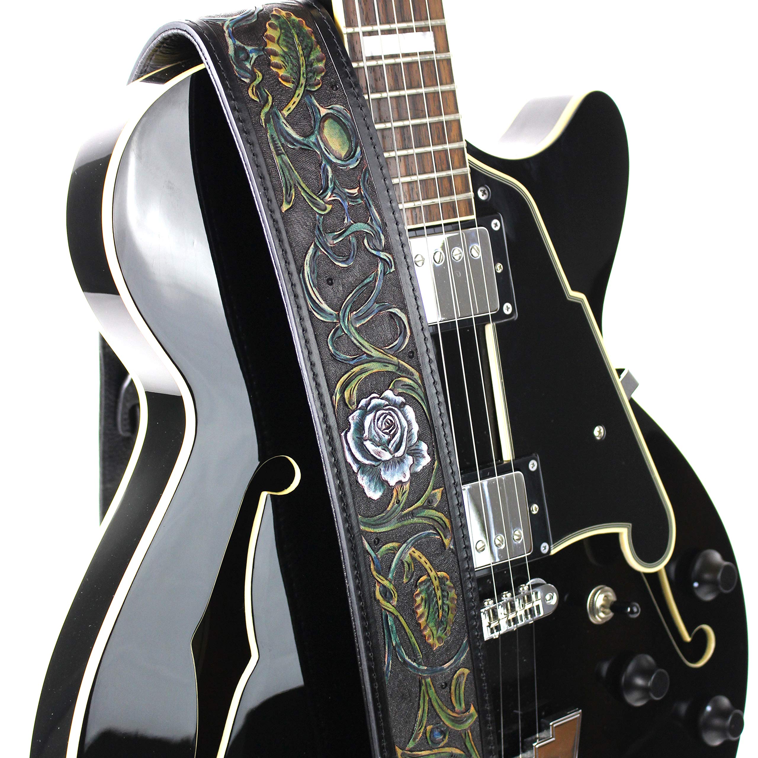 Walker And Williams LHR-13 Handmade Black Premium Carved Leather Guitar Strap With Prussian Blue And White Western Floral Carvin