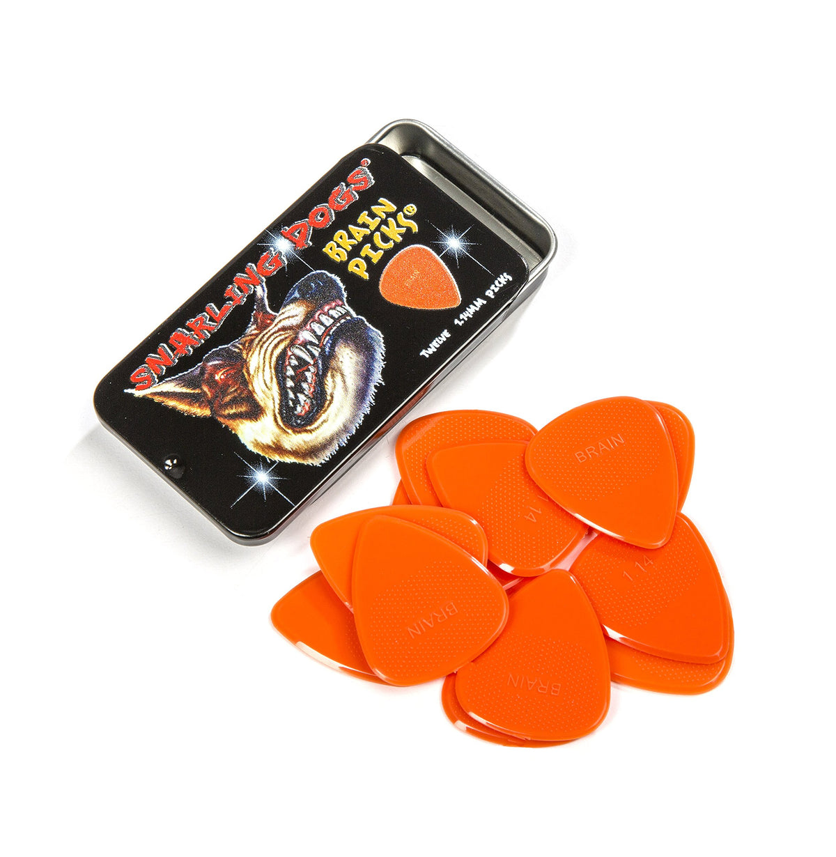 Snarling Dogs Brain Tnsdb351 1.14 Guitar Picks, 12-Piece, Collectible Tin, Orange Nylon, 0 1.14Mm