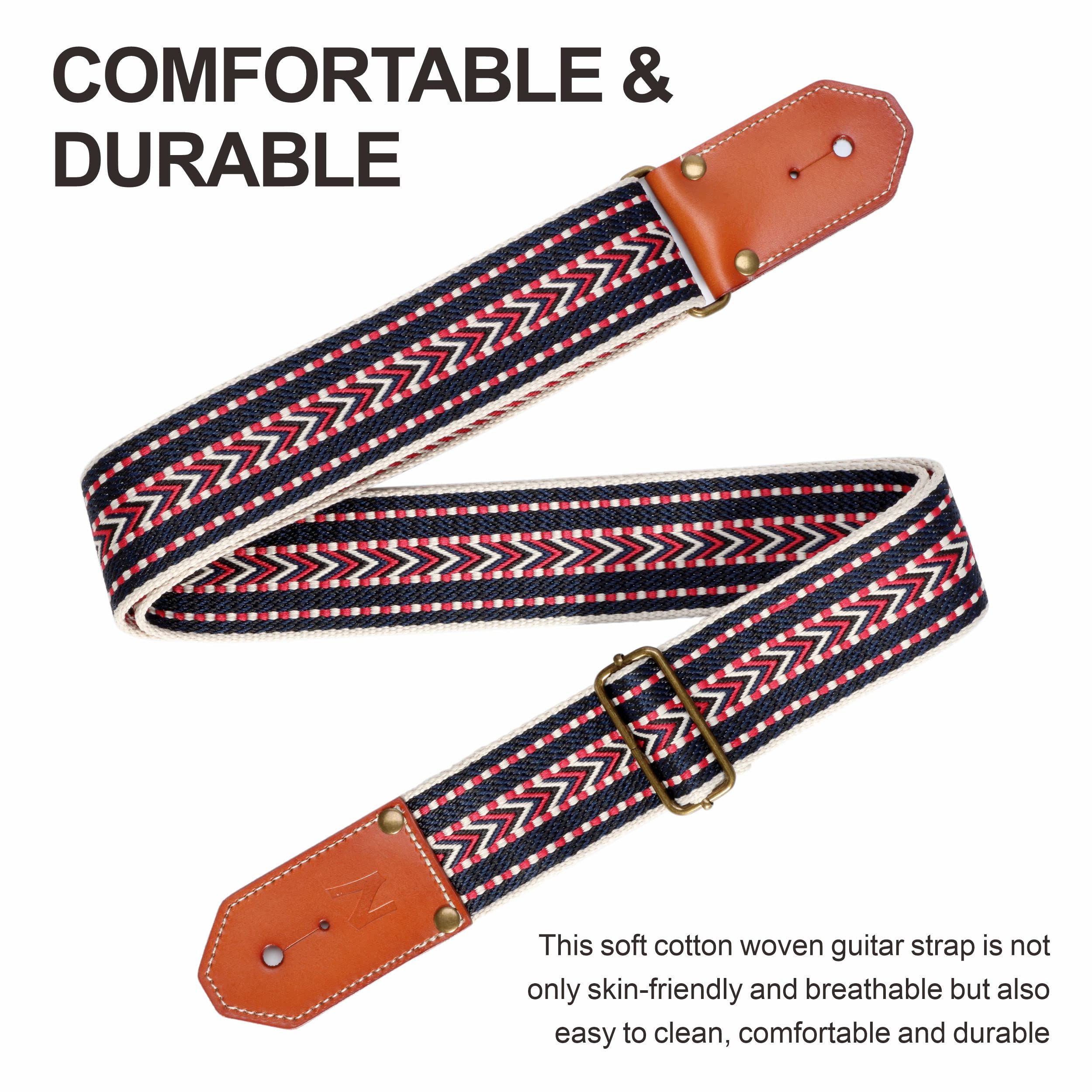 Nefelibata Cool Woven Guitar Strap-Cotton Guitar Straps with Thicked First Layer Vegetable Tanned Cowhide Leather Ends for Acous