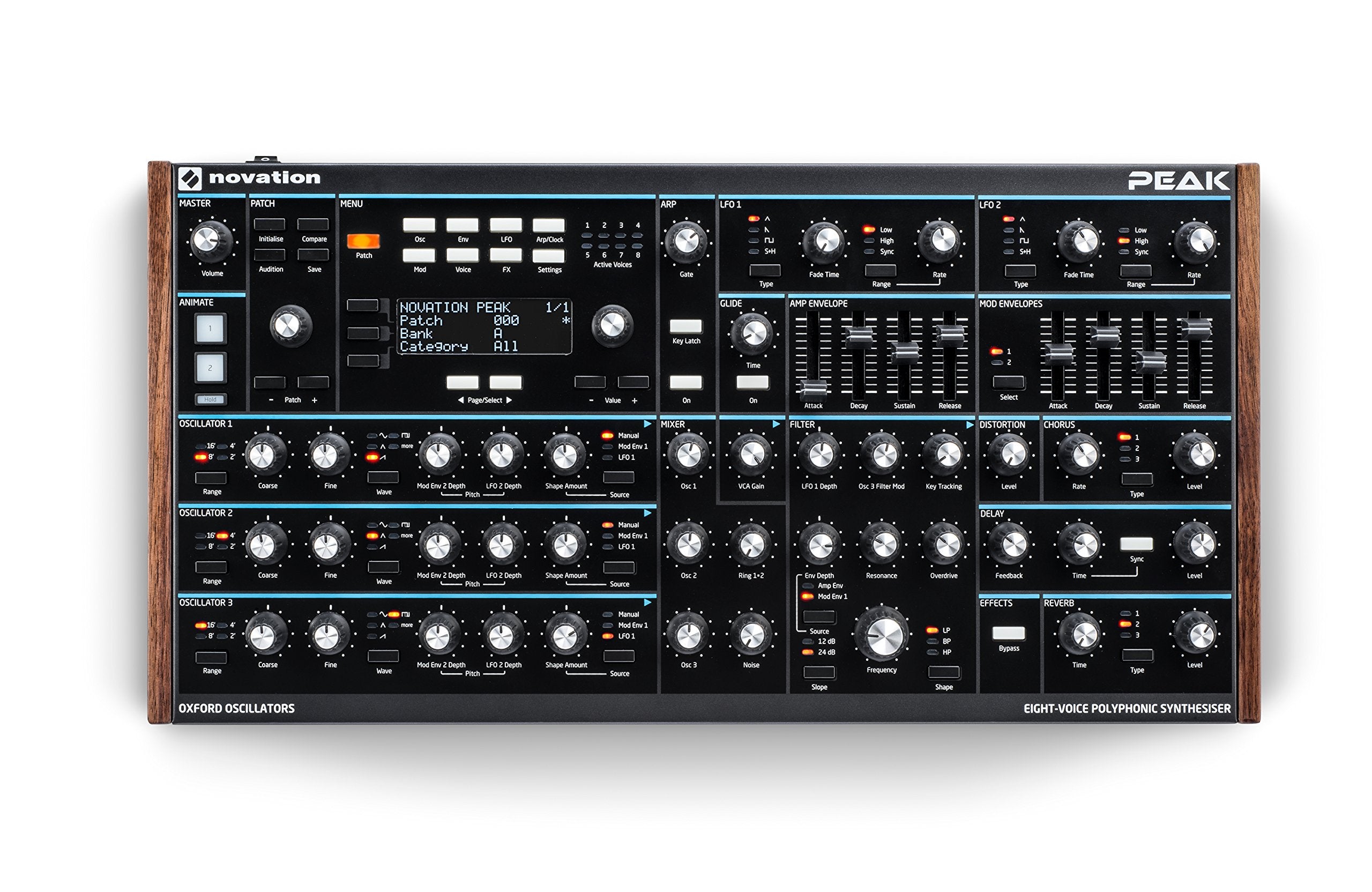 Novation Peak 8-Voice Desktop Polyphonic Synthesiser with 2 LFOs per voice, 16-slot modulation matrix, 3 analogue distortion poi