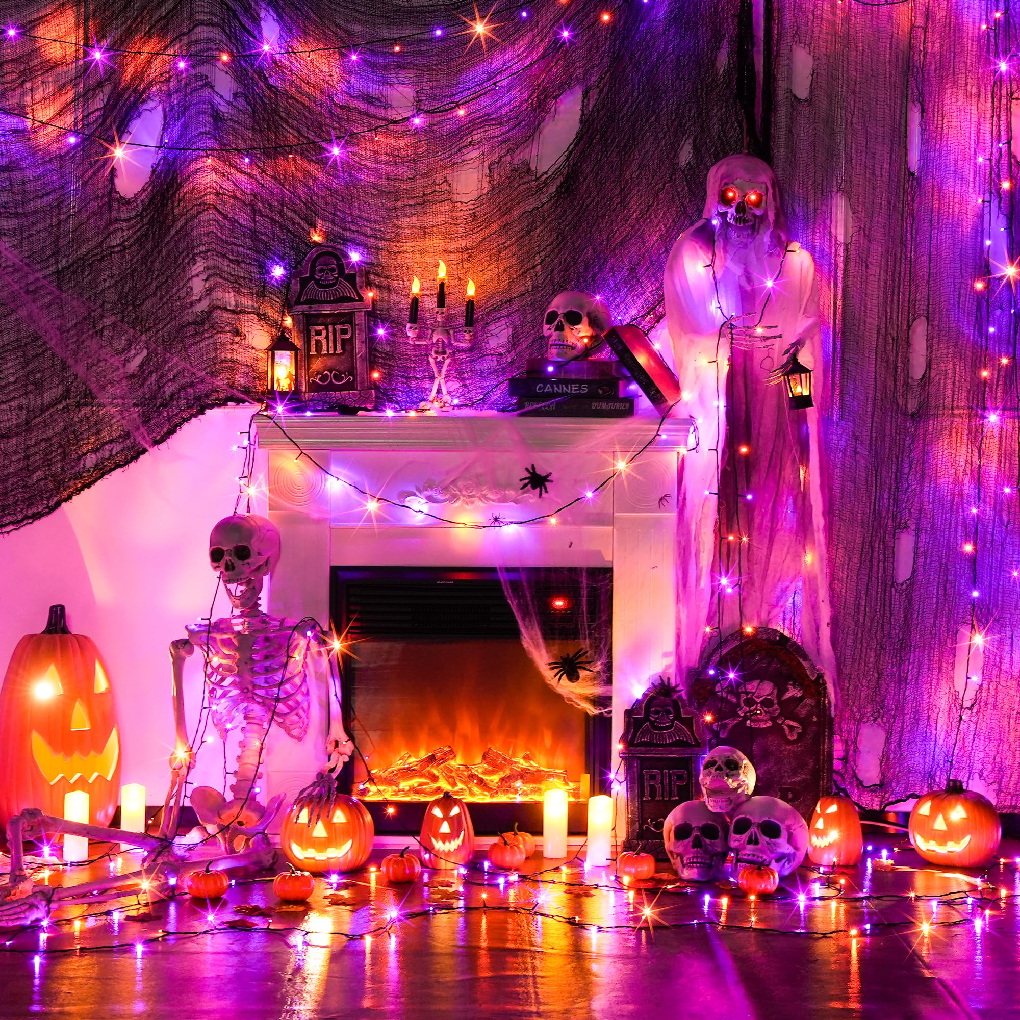 JMEXSUSS 250LED halloween string lights Outdoor Waterproof, 8 Lighting Modes orange and purple alternating dual-color fairy ligh