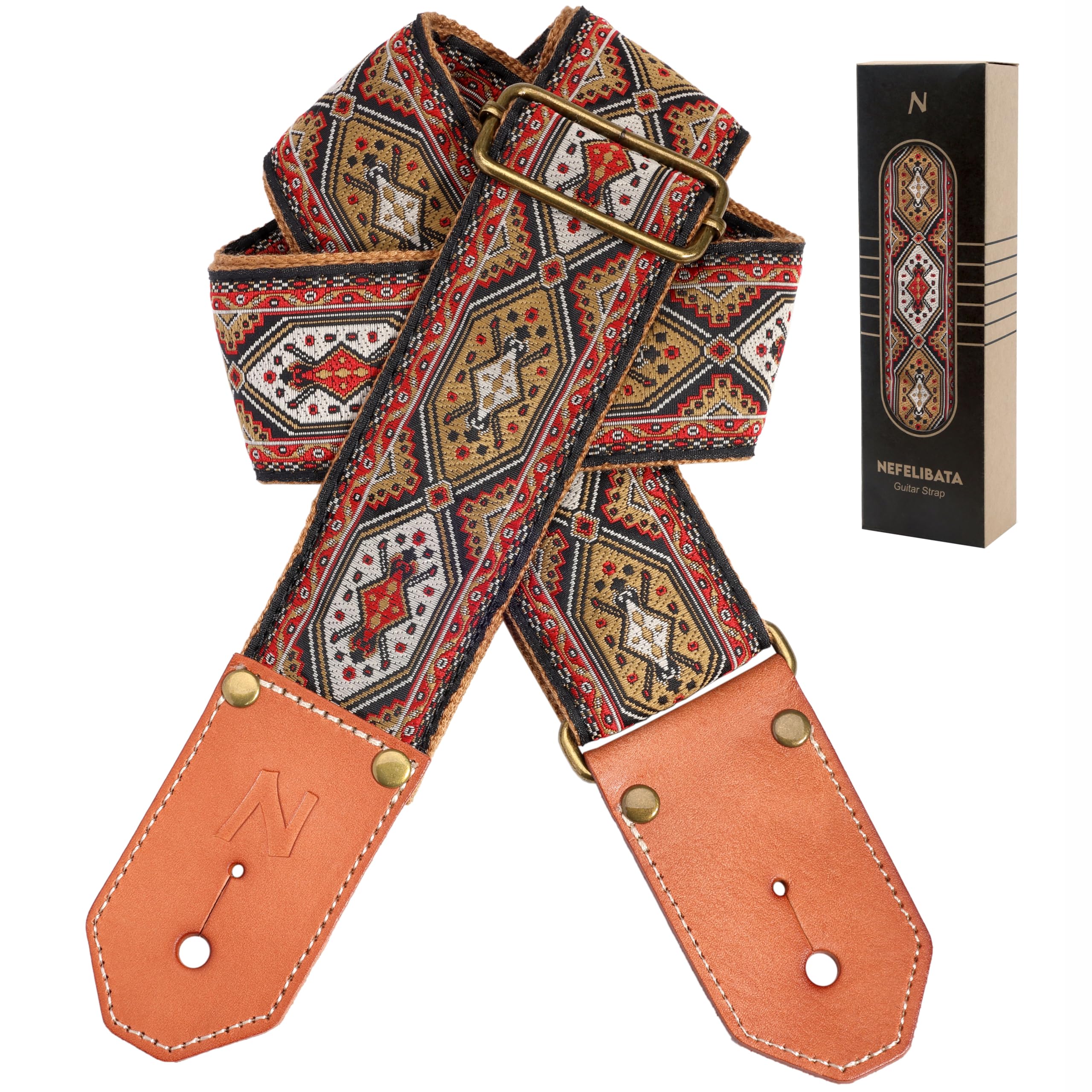 Nefelibata Guitar Strap Cotton With Thicked First Layer Vegetable Tanned Cowhide Leather Ends For Acoustic, Bass, Electric Guita