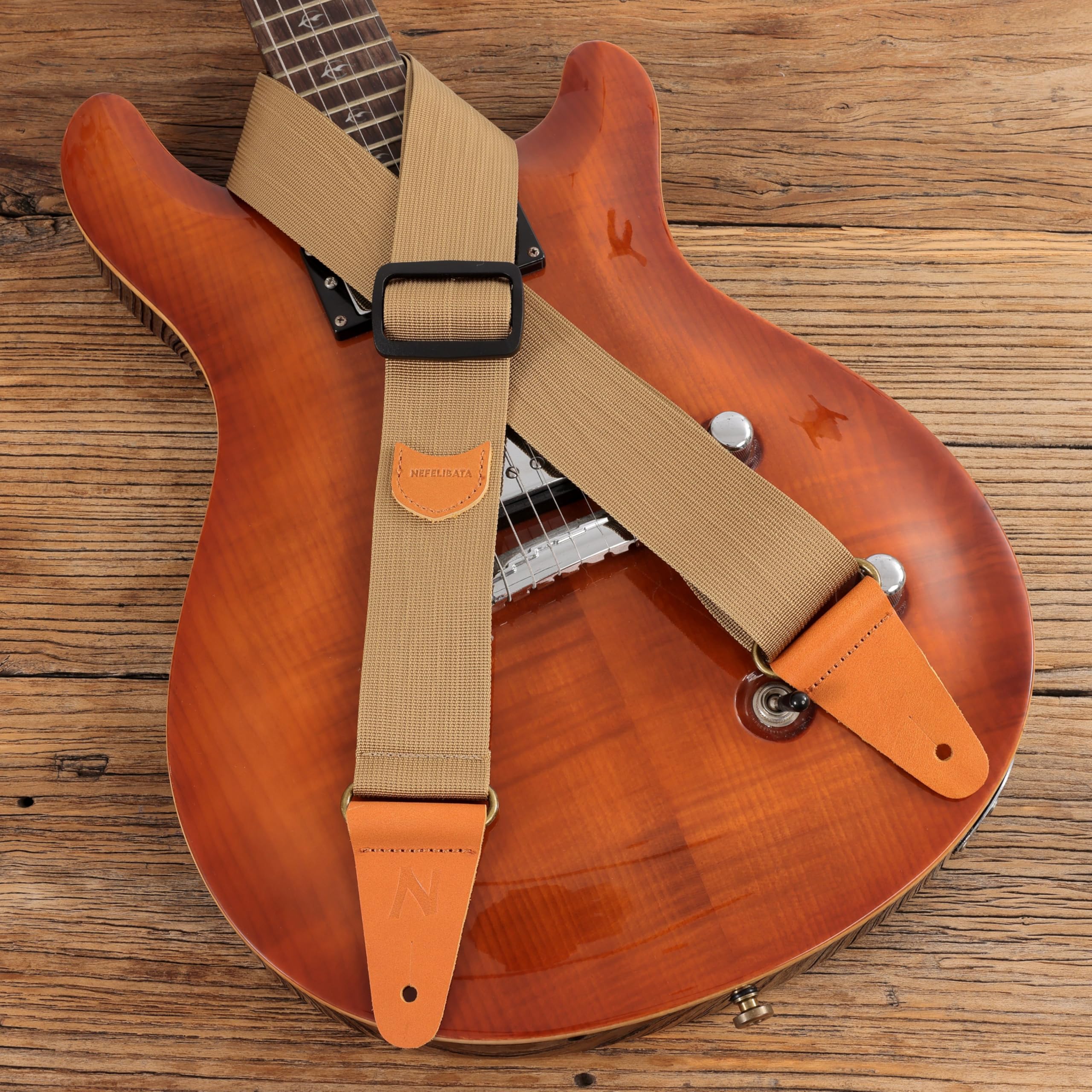 Nefelibata Guitar Strap Nylon, Full Grain Leather Ends Guitar Straps with Pick Pocket for Bass, Electric & Acoustic Guitar, with