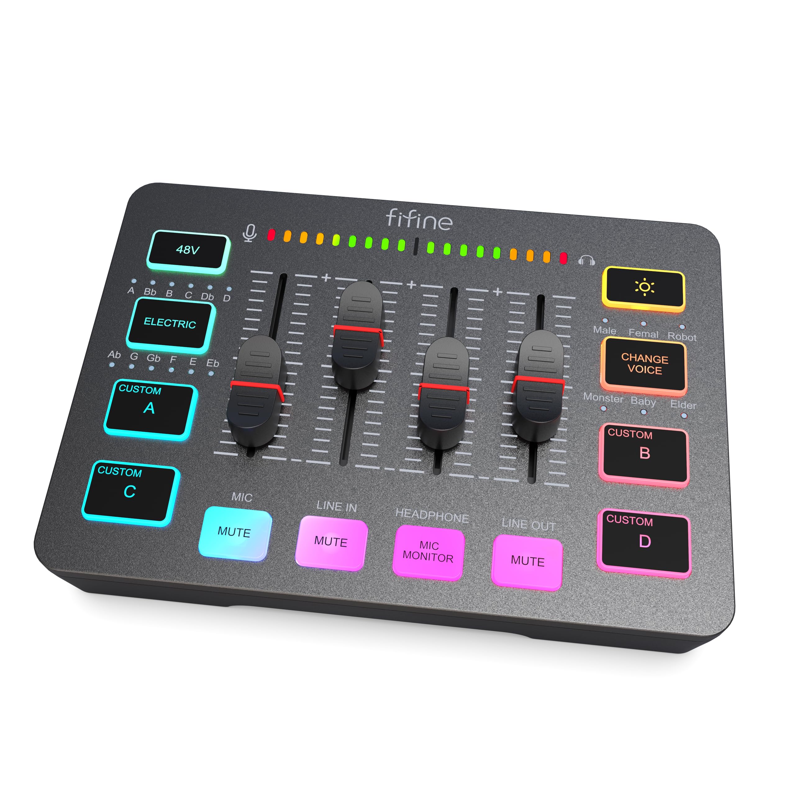 Fifine Gaming Audio Mixer With Xlr Microphone Interface, Dj Pc Rgb Mixer With Volume Fader, Individual Control, Mute And Monitor