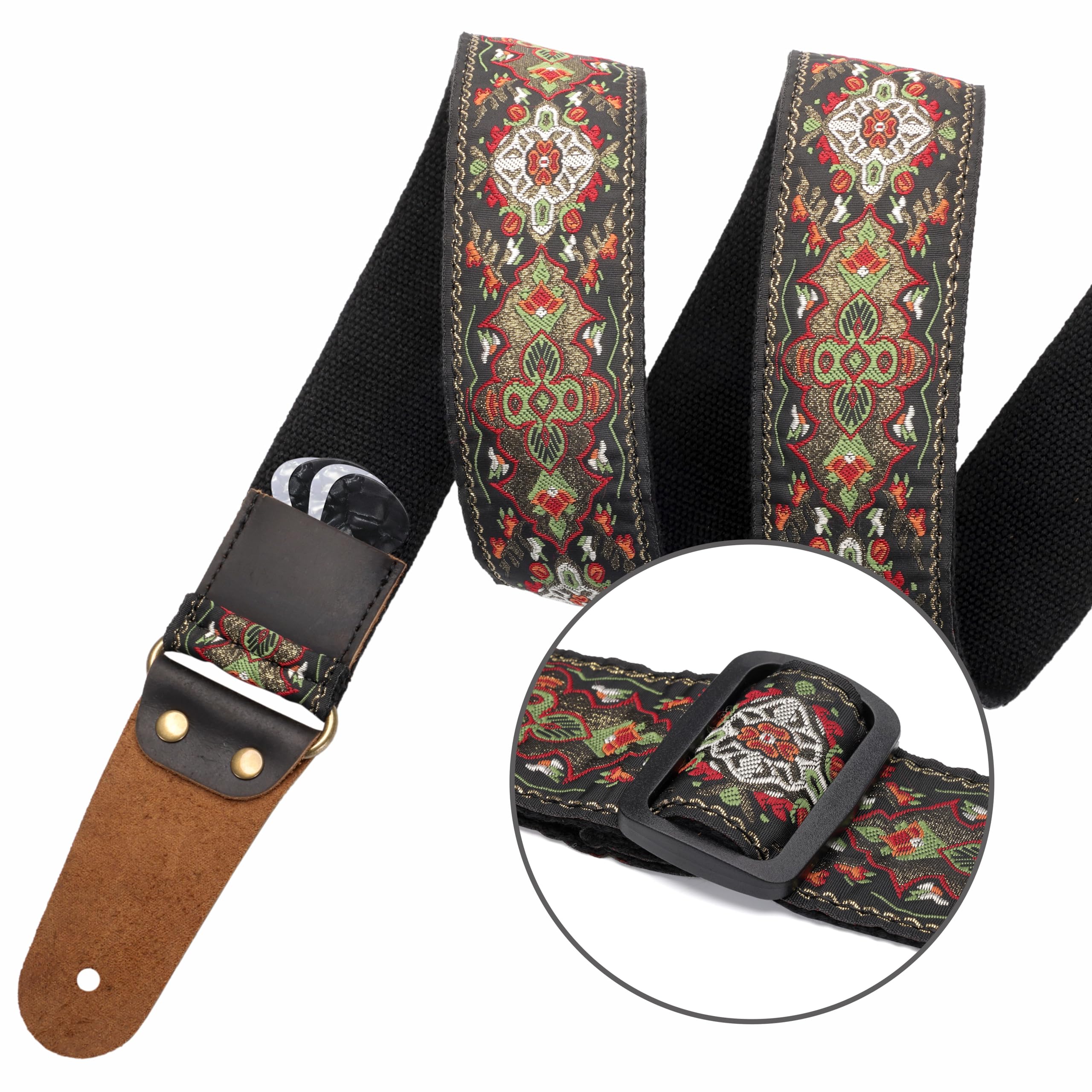 Nefelibata Guitar Strap, 2'' Embroidery Full Grain Leather Ends Guitar Straps with Hidden Pocket, for Bass, Electric and Acousti