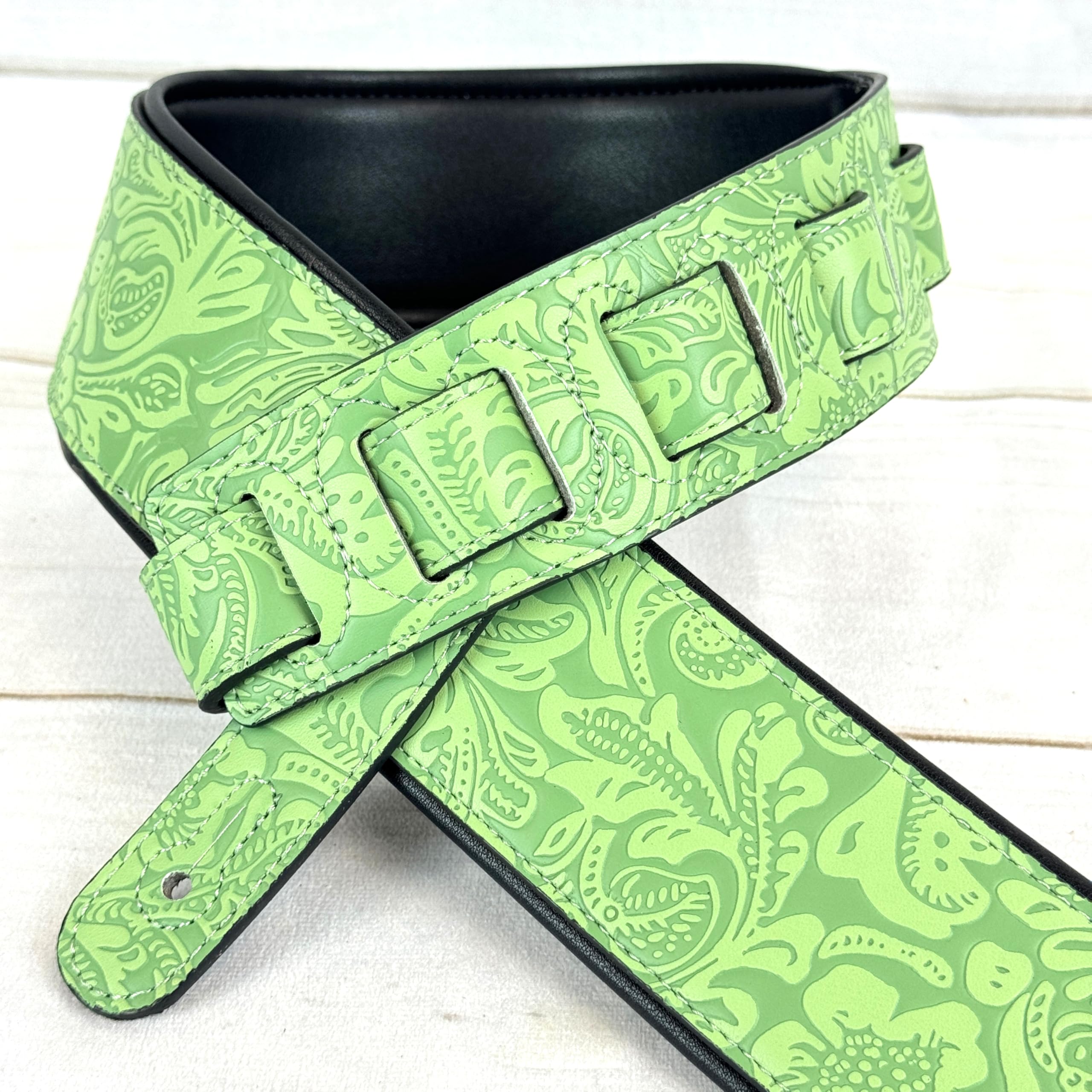 Walker And Williams G-977 Sea foam Green Embossed Guitar Strap with Western Sheridan Design And Padded Glove Leather Back For Ac