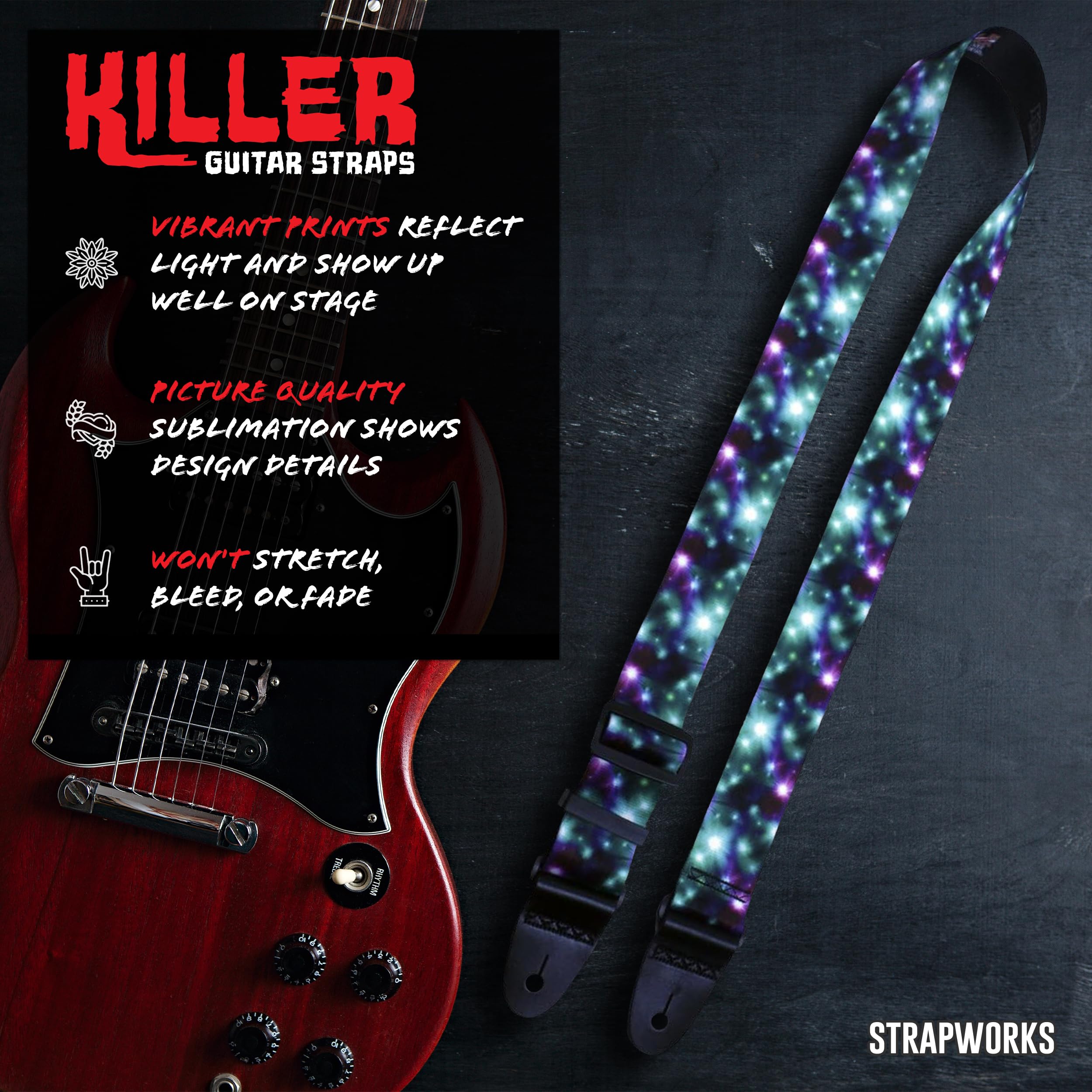 Killer-Q Guitar Strap - Stylish Straps for Electric and Acoustic Guitars With Leather Tabs, 2 Inches x 5 Feet, Cosmic Ray