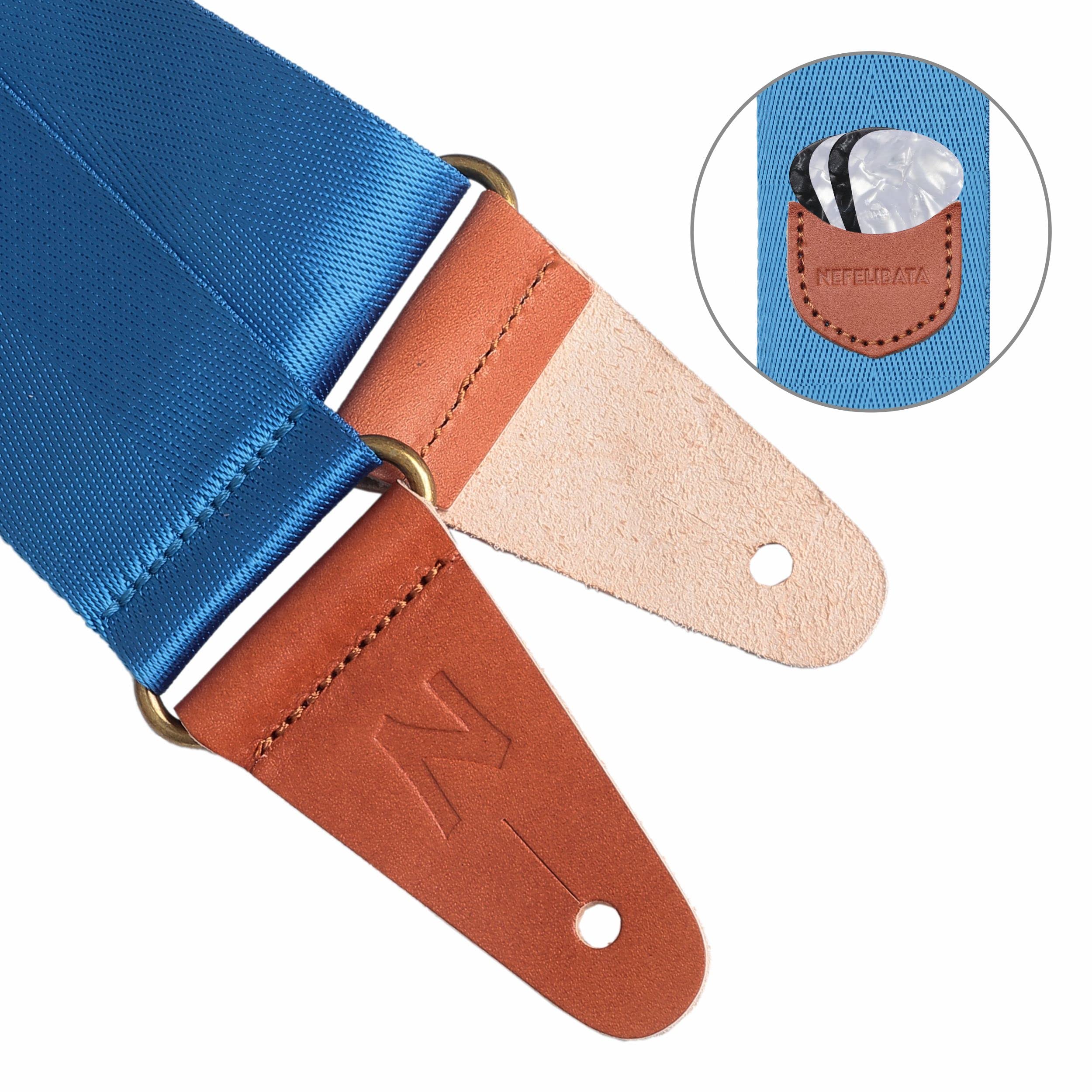 Guitar Strap with Pick Pocket, Vintage Nylon Full Grain Leather Ends Guitar Straps for Bass, Electric & Acoustic Guitar, Come wi