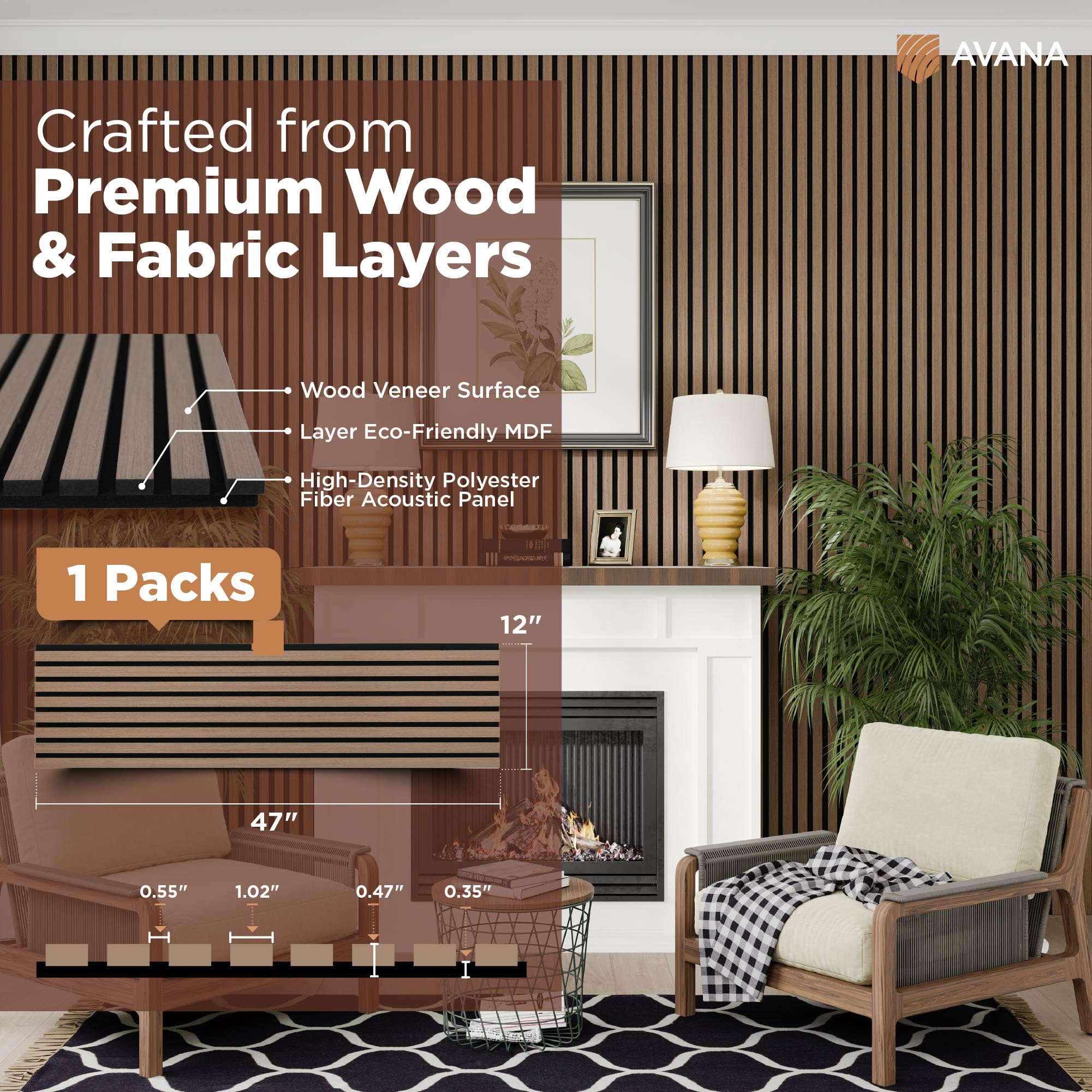 Avana Modern Acoustic Wood Wall Panels - 47.2 X 12.6 Inch Smoke Oak Acoustic Panels 1 PC - Wall Panels For Interior Wall Decor F