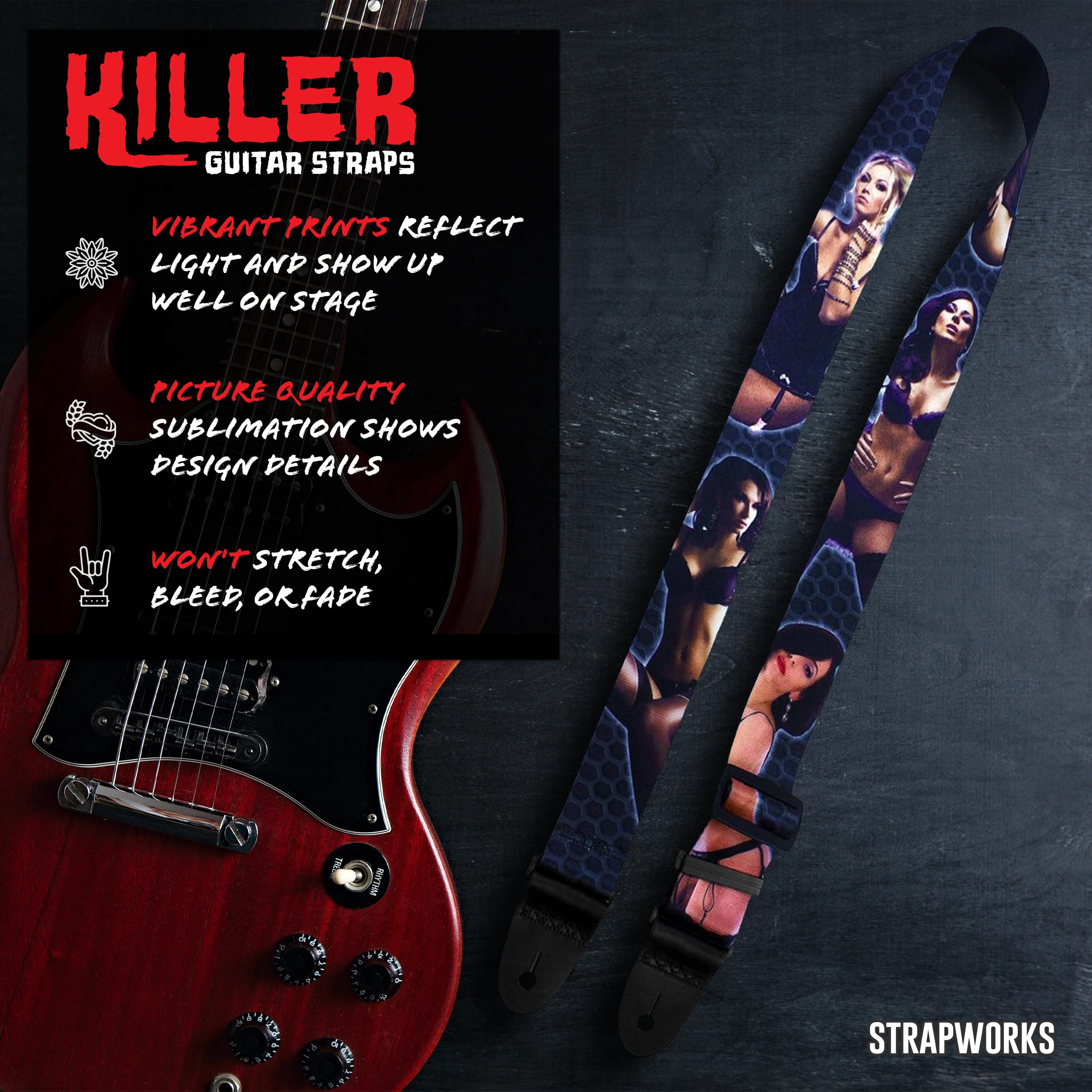 Killer-Q Guitar Strap - Stylish Straps for Electric and Acoustic Guitars With Leather Tabs, 2 Inches x 5 Feet, Angel of Rock