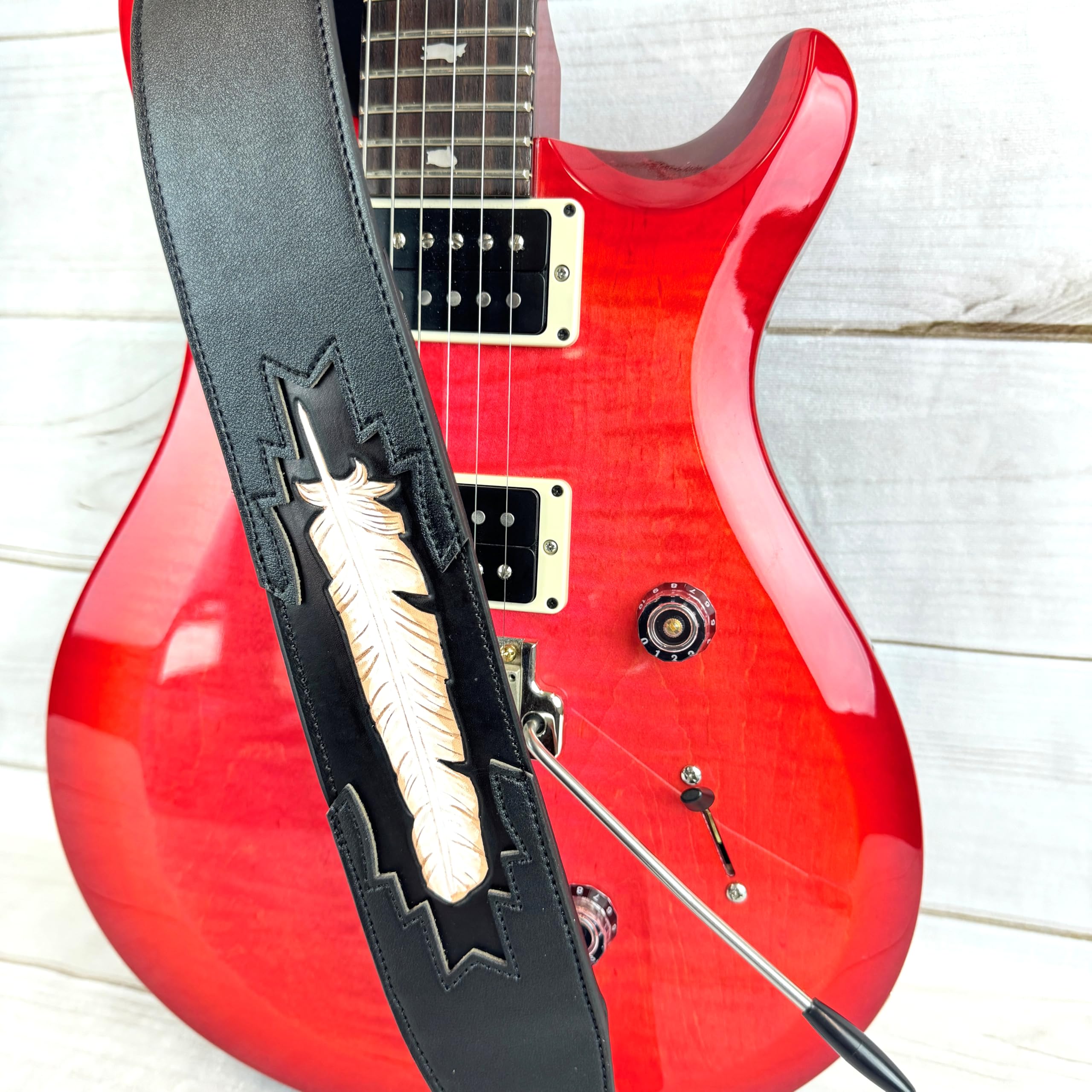 Walker & Williams CVG-115 Black Leather Padded Guitar Strap Hand Tooled Feather For Acoustic, Electric, And Bass Guitars