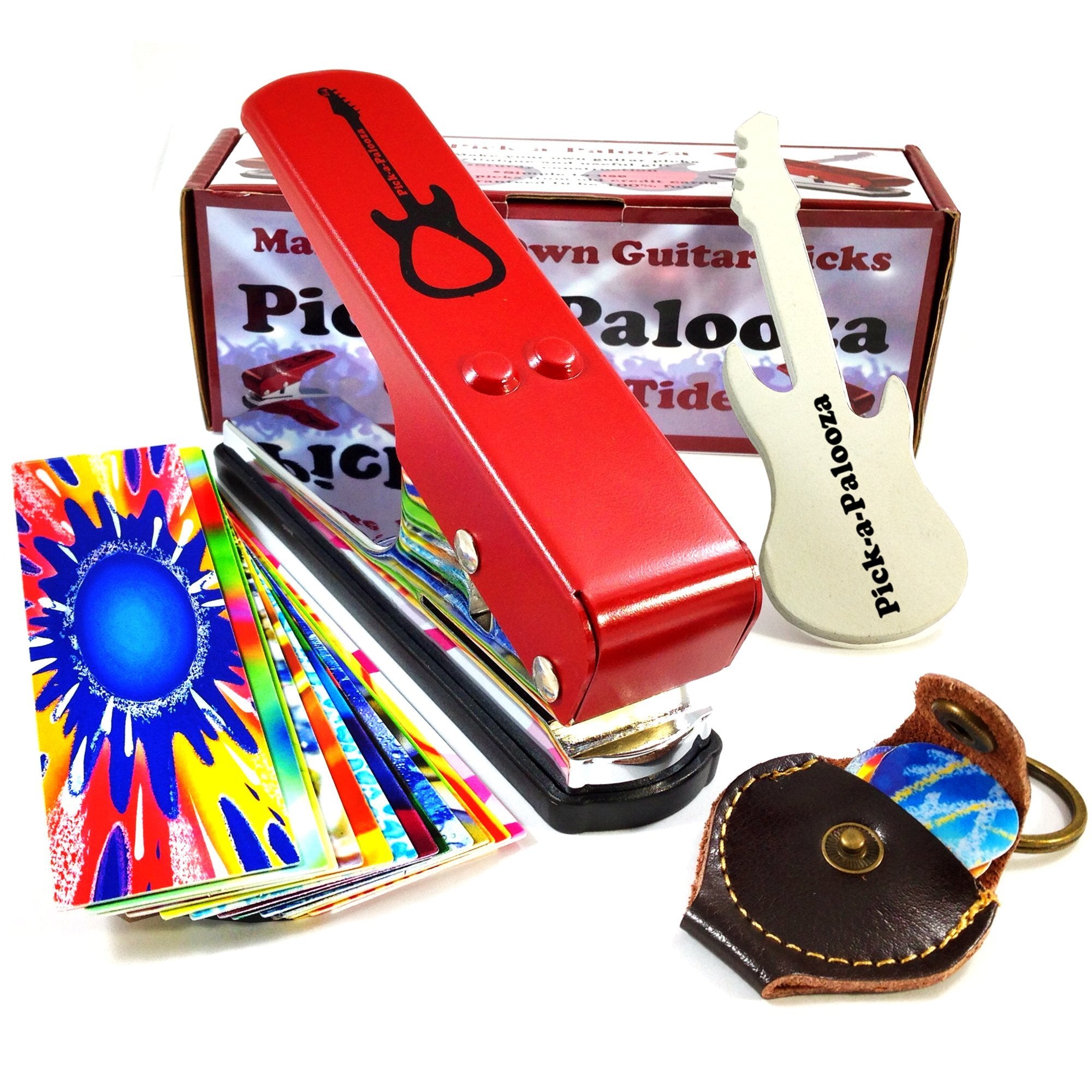 Pick-A-Palooza Diy Guitar Pick Punch Mega Gift Pack - The Premium Guitar Pick Maker - Includes Leather Key Chain Pick Holder, 15