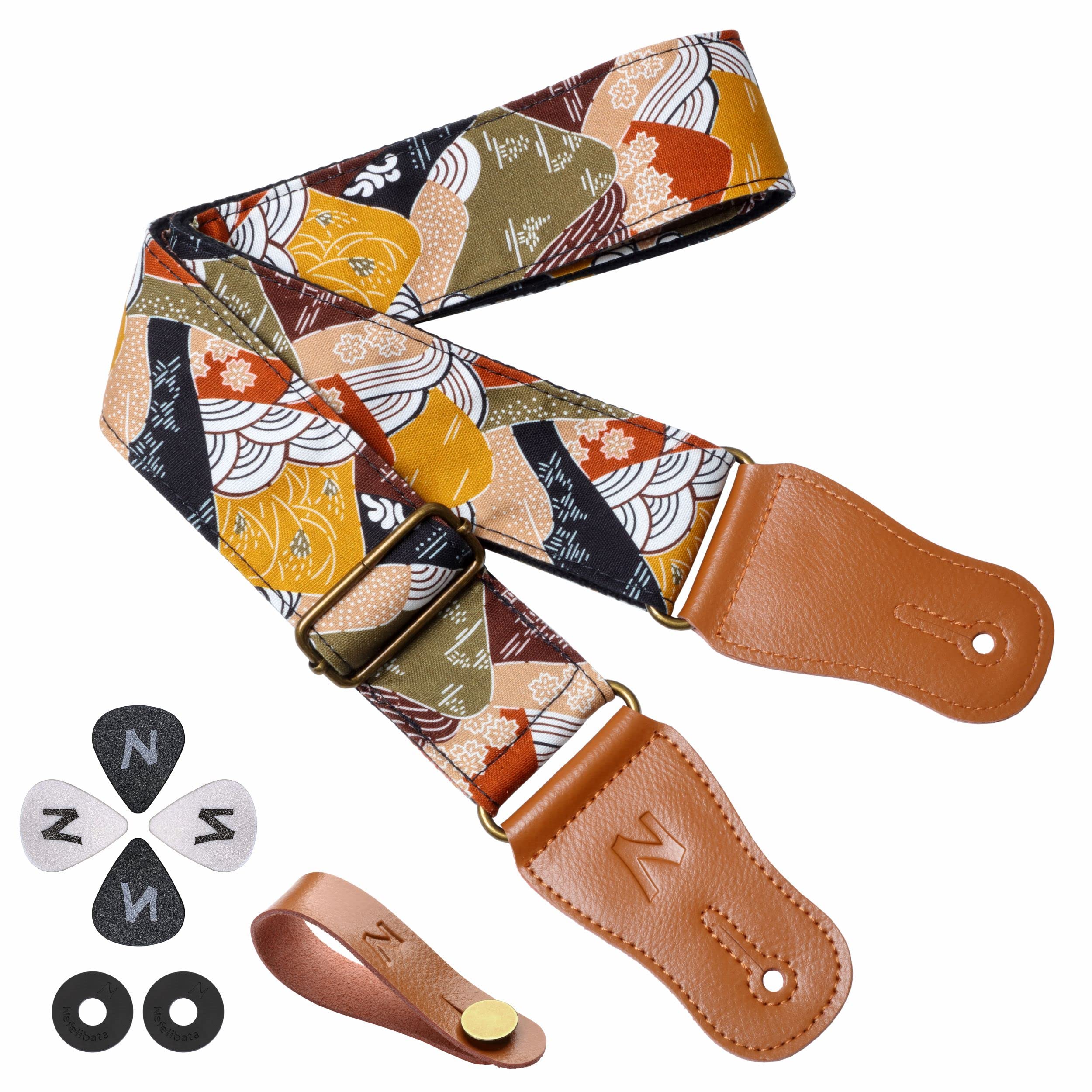 Nefelibata Japanese Cotton Guitar Strap For Acoustic Guitar, Ukulele, Free Headstock Strap Adapter With Buckle, Guitar Picks And