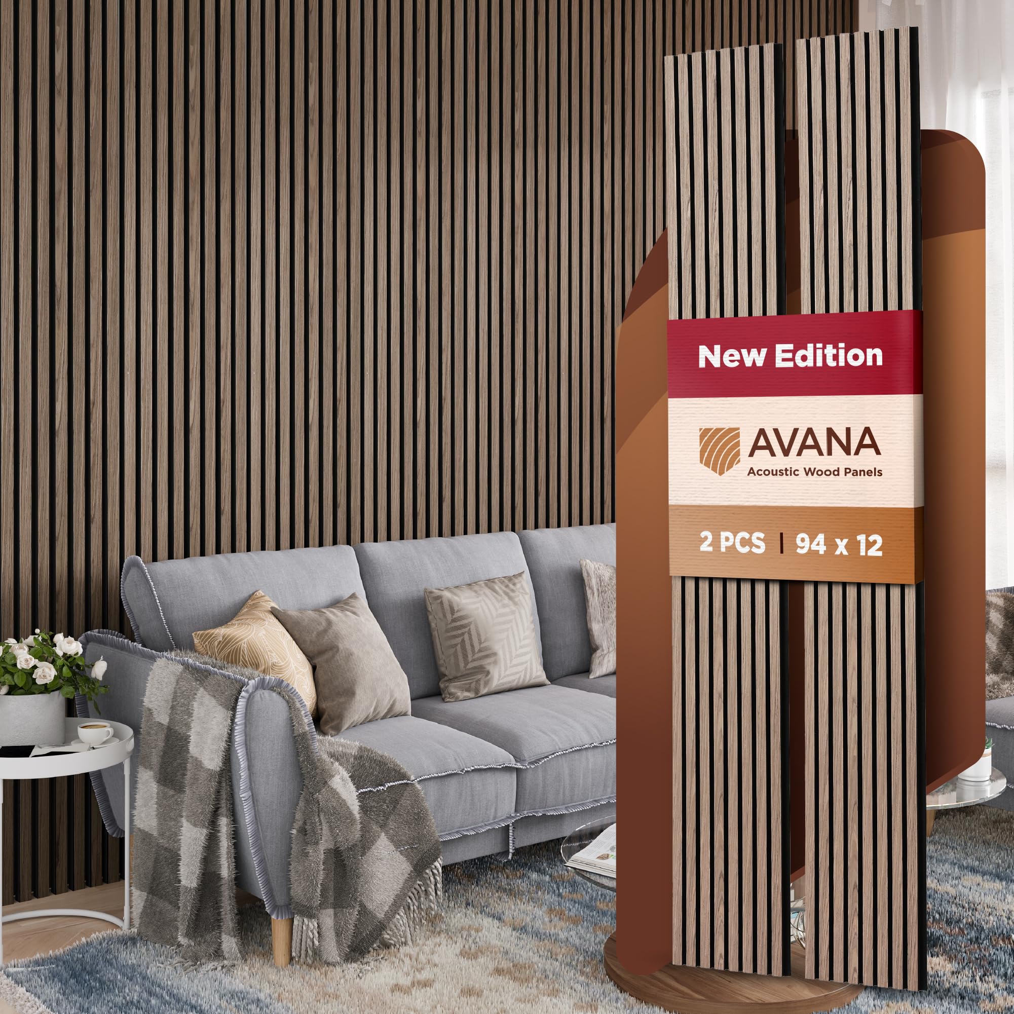 Avana Acoustic Wood Wall Panels - 94.4 X 12.6 Inch Natural Walnut Acoustic Panels 2 Pcs - Wall Panels For Interior Wall Decor Fo