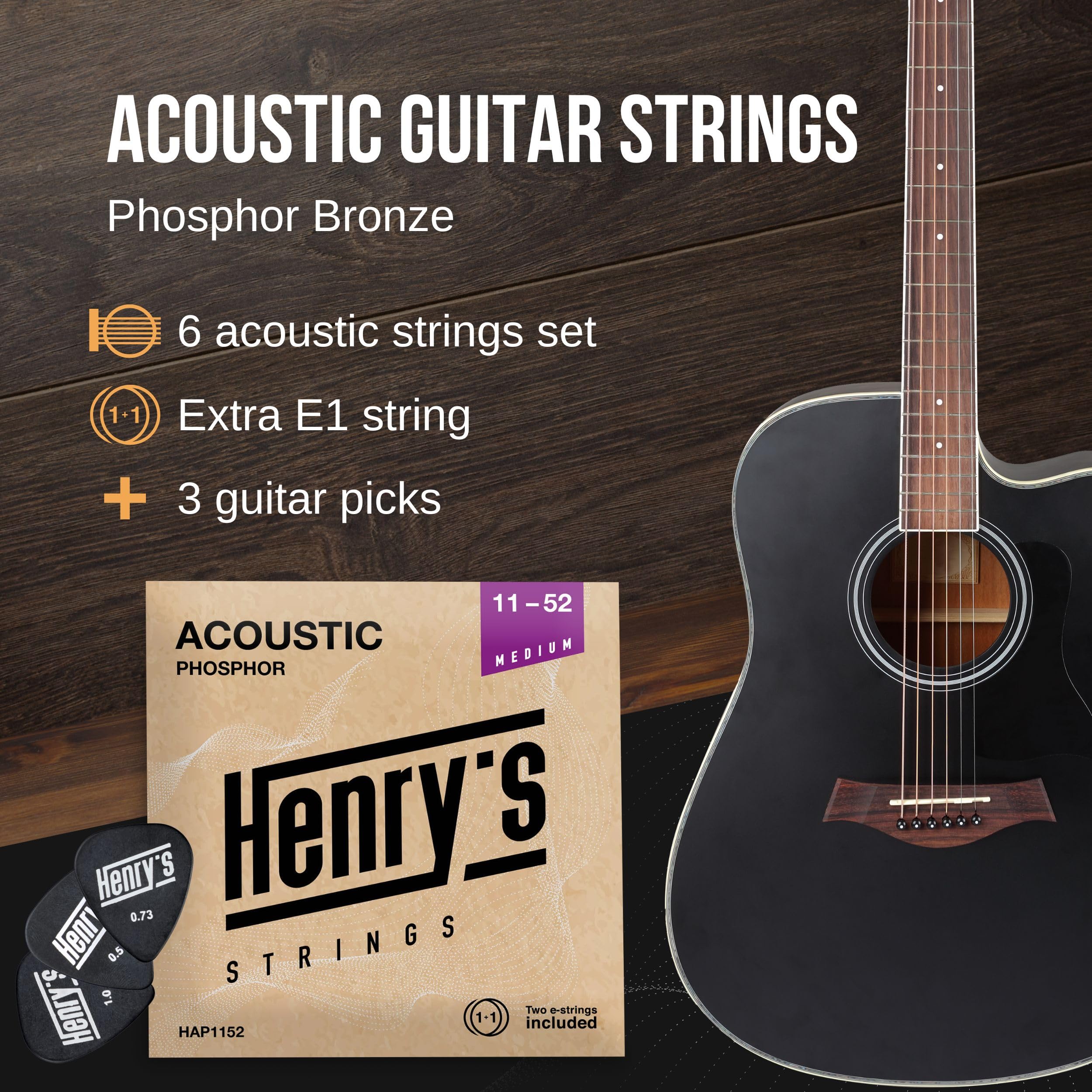 Medium Acoustic Guitar Strings Medium 11-52 - Extra E1 String & 3 Guitar Picks Bonus - Phosphor Bronze Acoustic Guitar Strings -