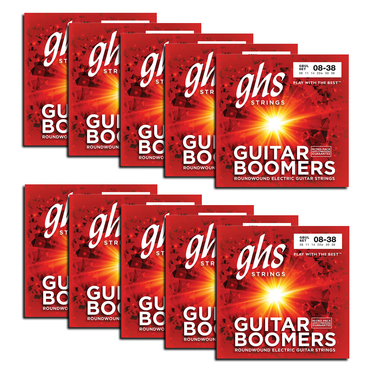 Ghs Strings Gbul - 10 Pack - Guitar Boomers Set, Nickel-Plated Electric Guitar Strings Ultra Light (8-38), Pack Of 10