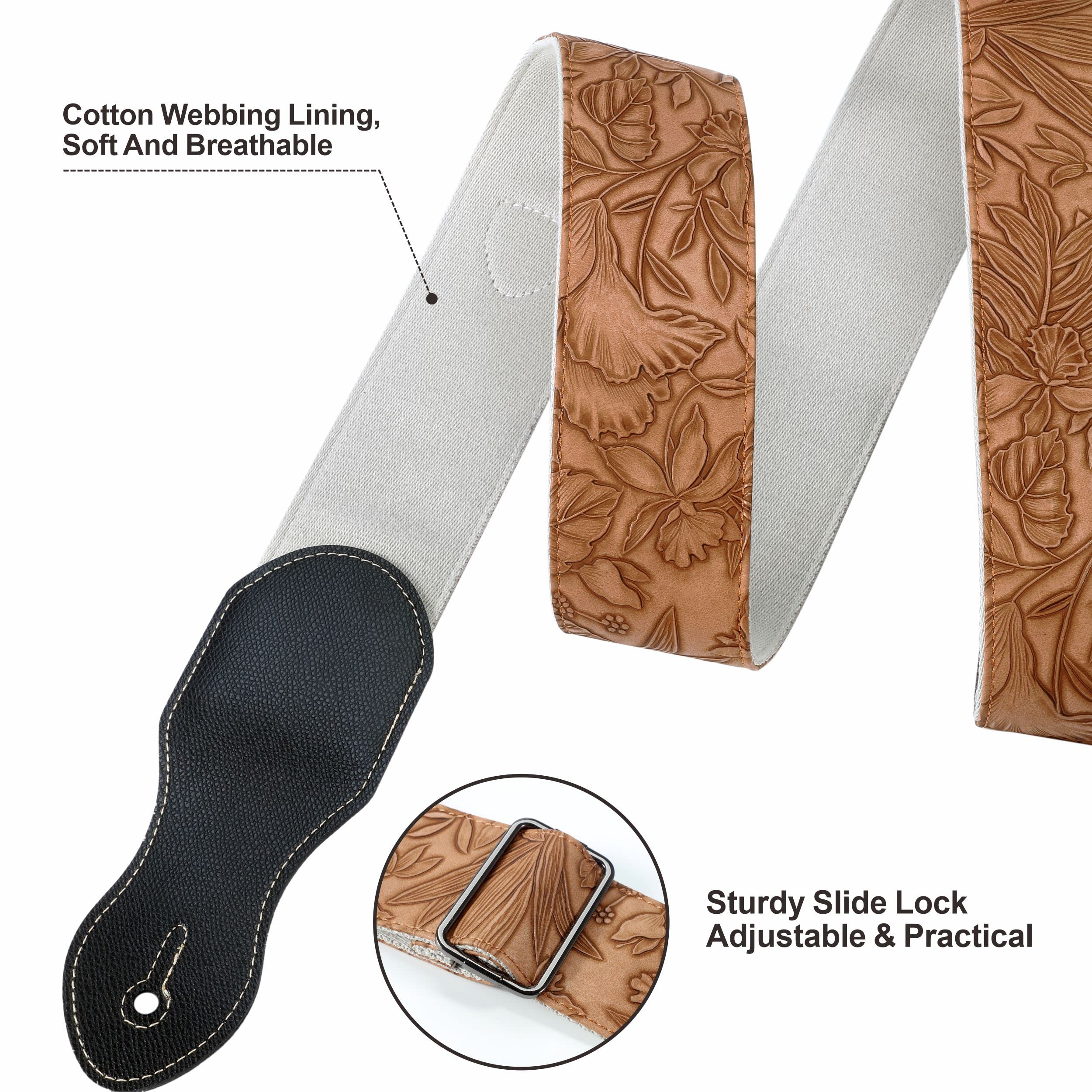 Nefelibata Guitar Strap with Pick Pocket,2.3 inch Porter Style Vegan Leather Carving Guitar Straps,60s Vintage Style(Brown Yello