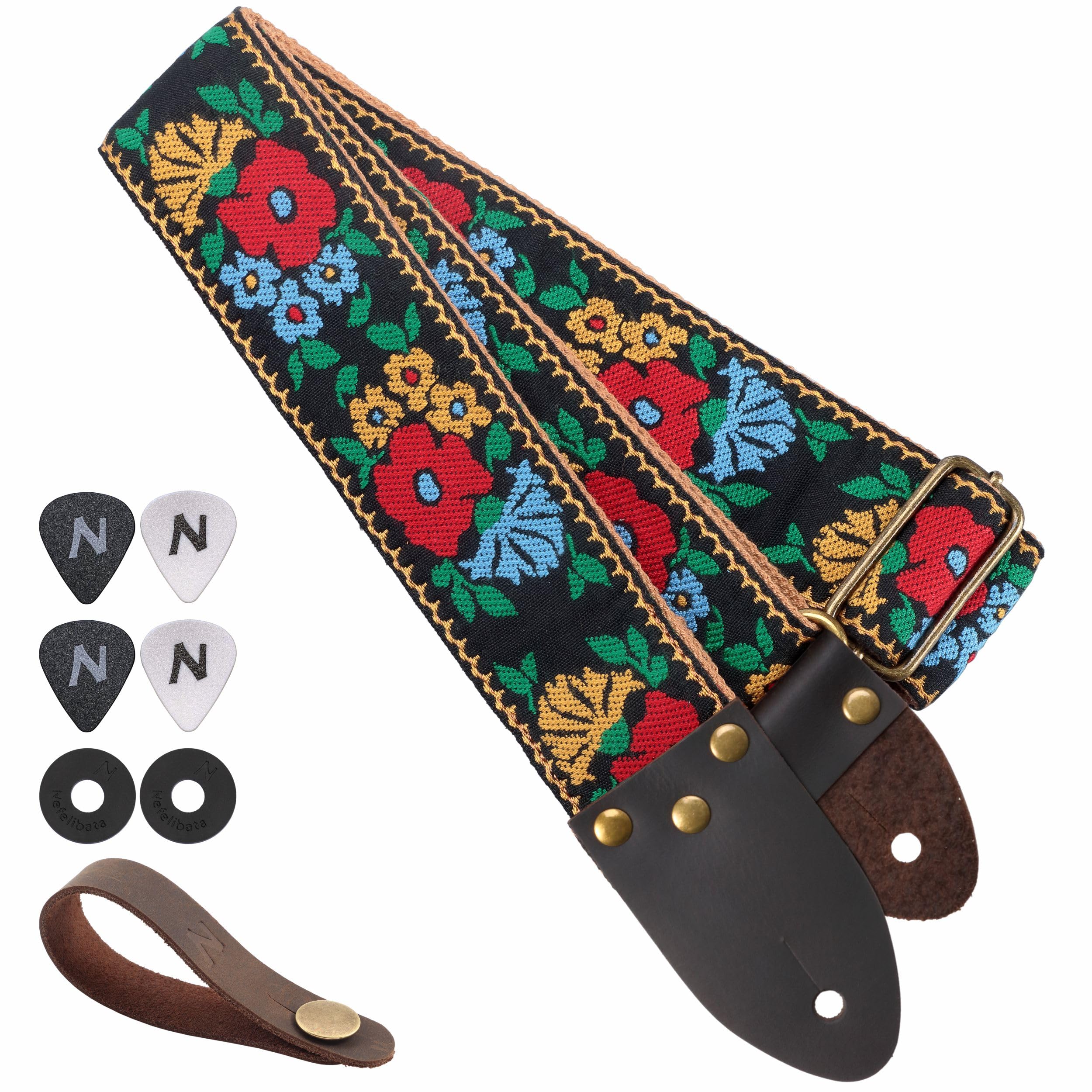 Nefelibata Guitar Strap,Vintage Jacquard Embroidery Cotton Guitar Straps With Full Grain Leather Ends For Electric,Acoustic,Come