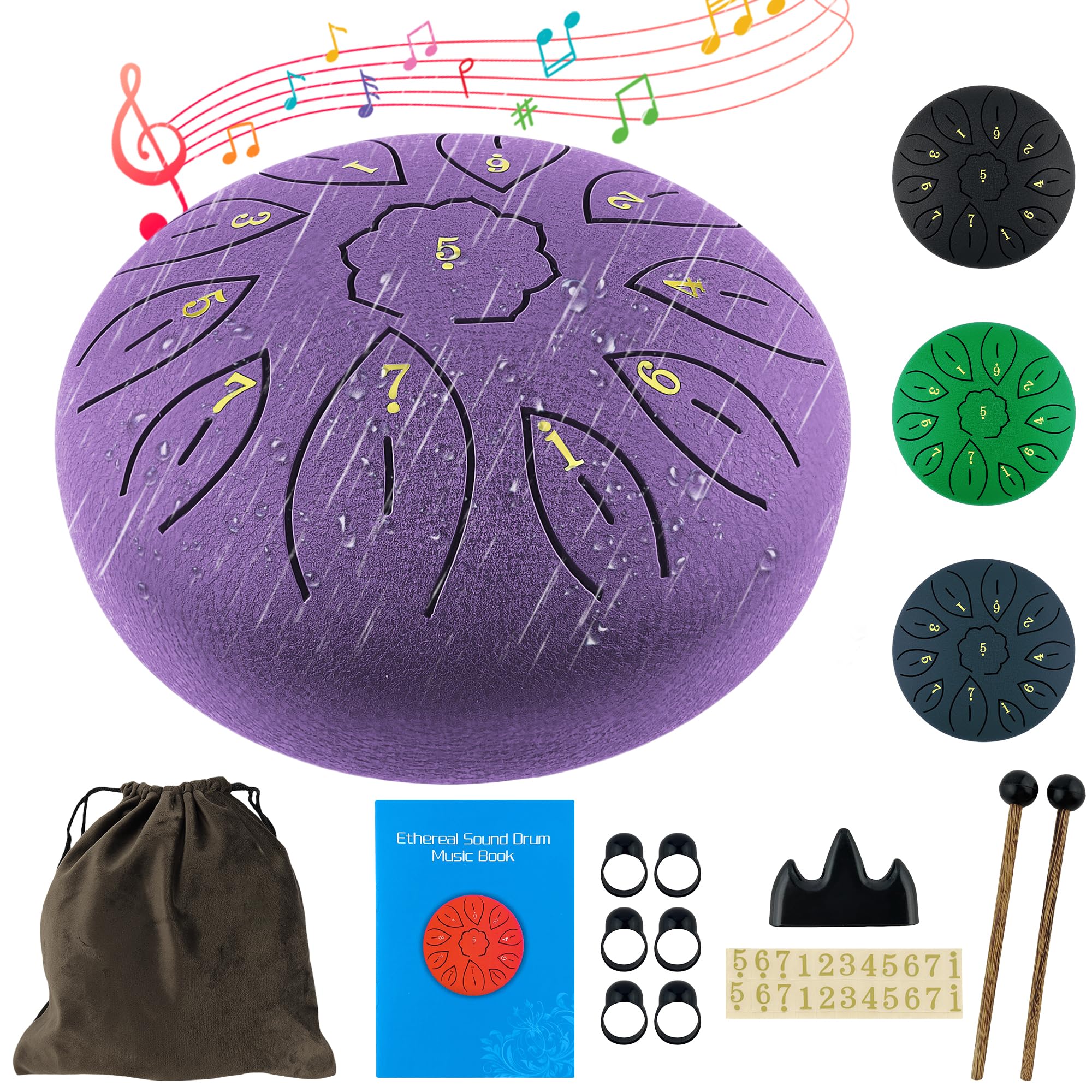 Oun Nana Steel Tongue Drum 6 Inches 11 Notes Rain Drum for Outside Garden, Hand Drum Musical Instruments with Drumsticks, Holder