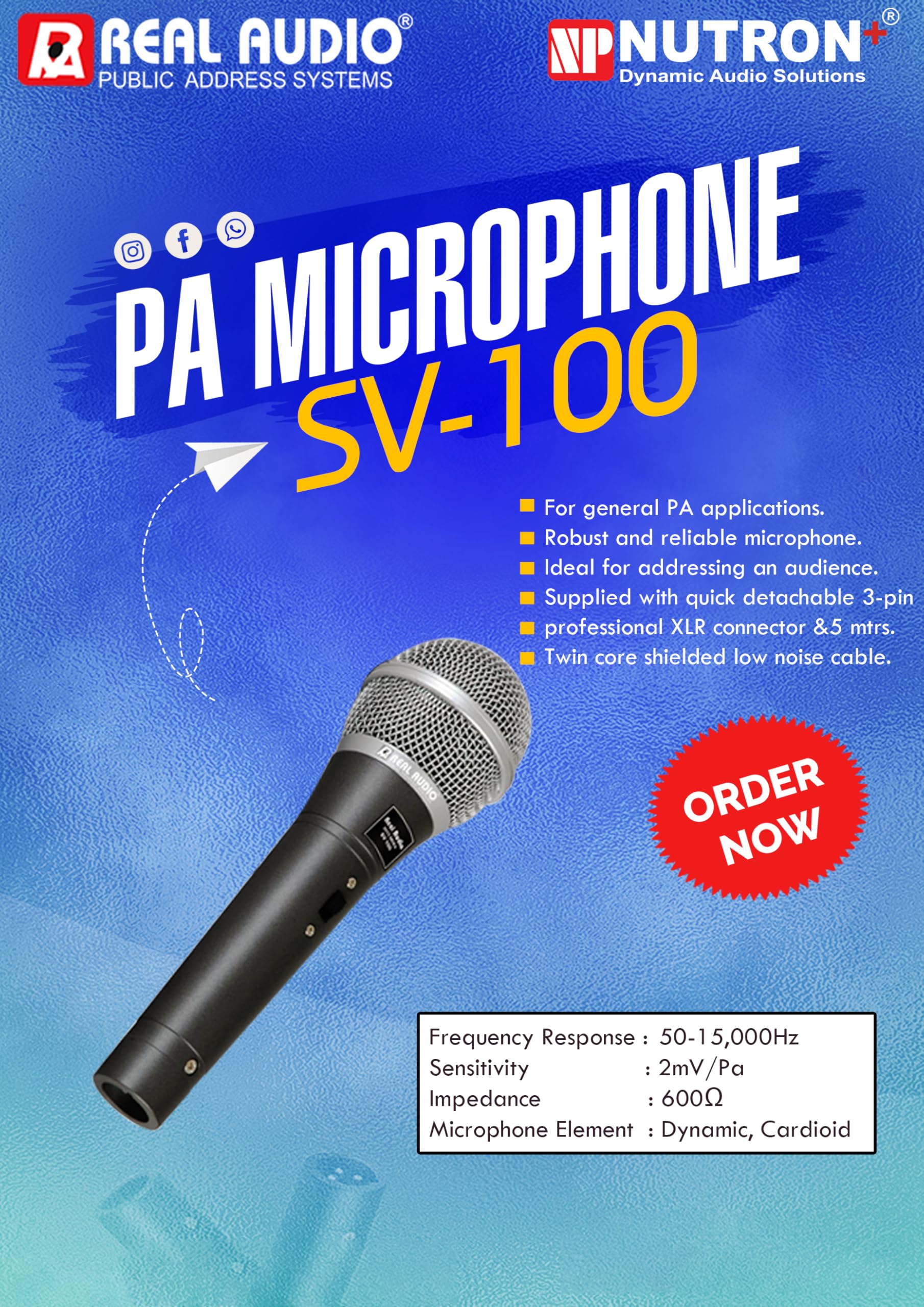 Real Audio Sv-200 Professional Dynamic Microphone, Black, With Xlr Cable And Carrying Pouch