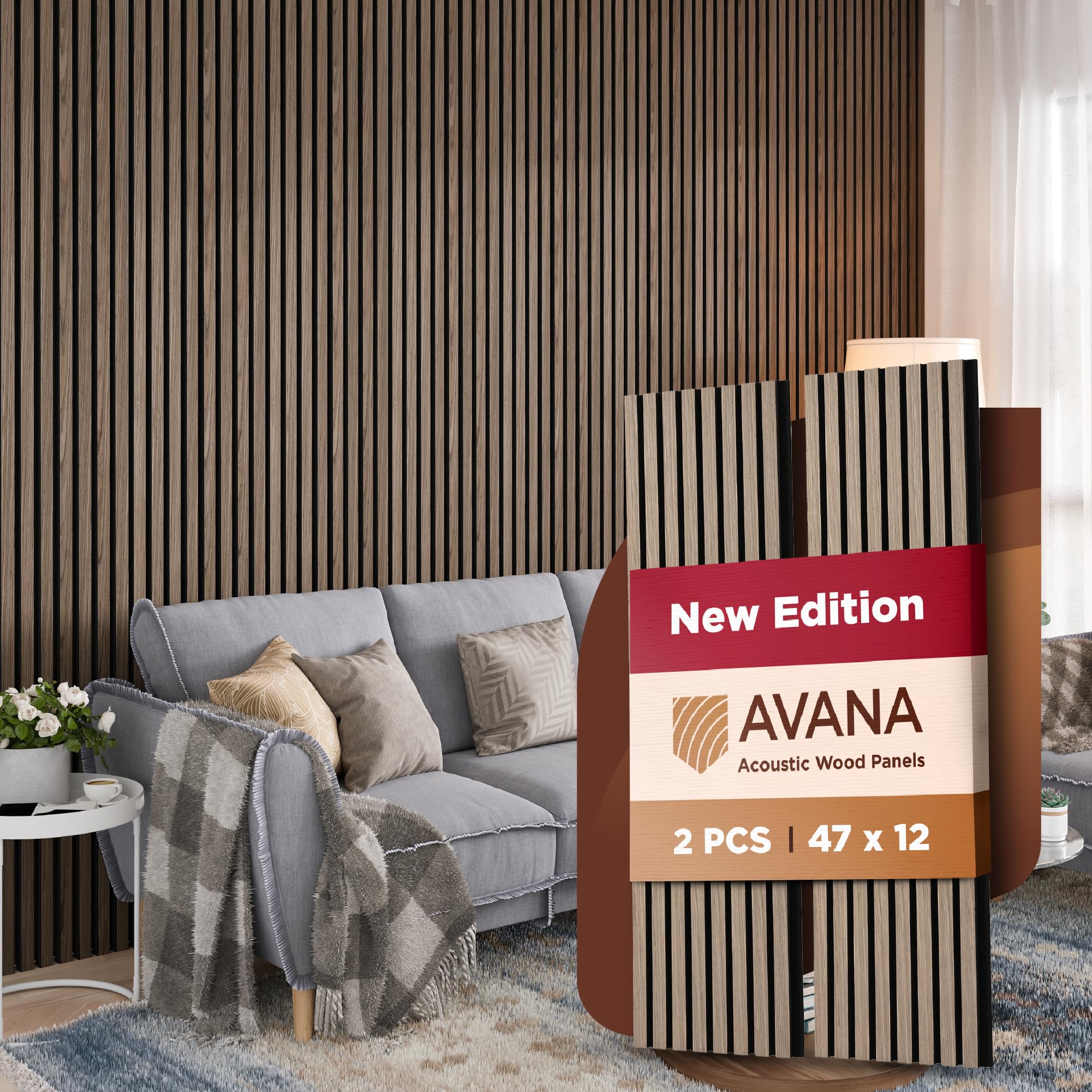 Avana Acoustic Wood Wall Panels - 47.2 X 12.6 Inch Walnut Acoustic Panels 2 Pcs - Modern Wall Panels For Interior Wall Decor For
