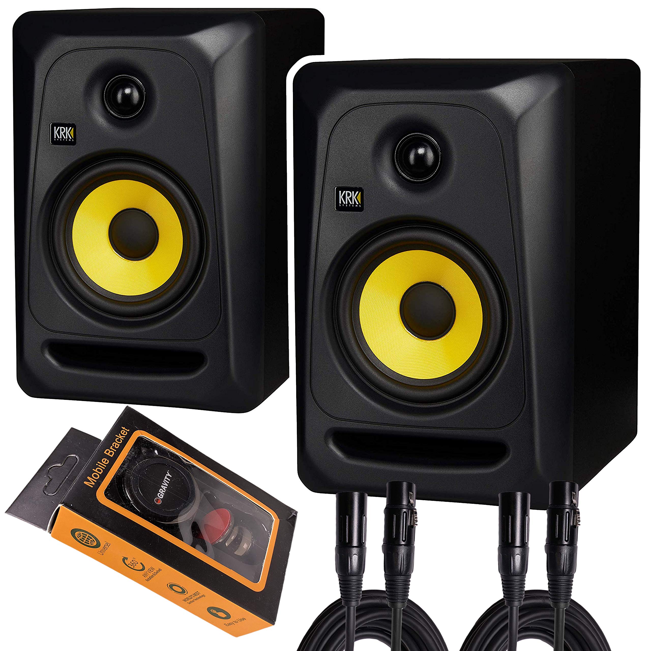 KRK Classic 5 Professional Bi-Amp 5 Powered Studio Monitor (2 Speakers) Pair of XLR Cable + Gravity Phone Holder, Black M